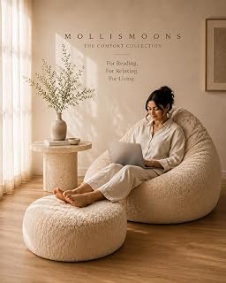Mollismoons Lounge Set | Luxury Faux Fur Bean Bag Chair + Round Floor Cushion | Ultra Soft Washable Cover Only (Without Beans) Signature Collection (Beige, Lounge Set)
