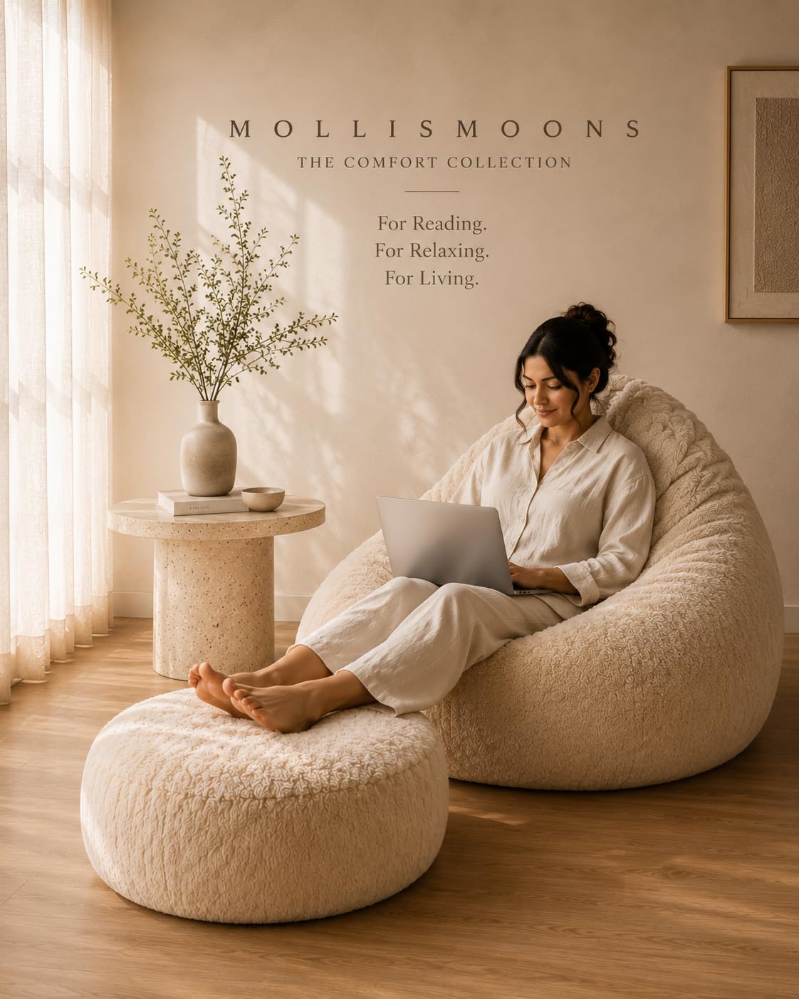 Mollismoons Lounge Set | Luxury Faux Fur Bean Bag Chair + Round Floor Cushion | Ultra Soft Washable Cover Only (Without Beans) Signature Collection (Beige, Lounge Set)-image-49