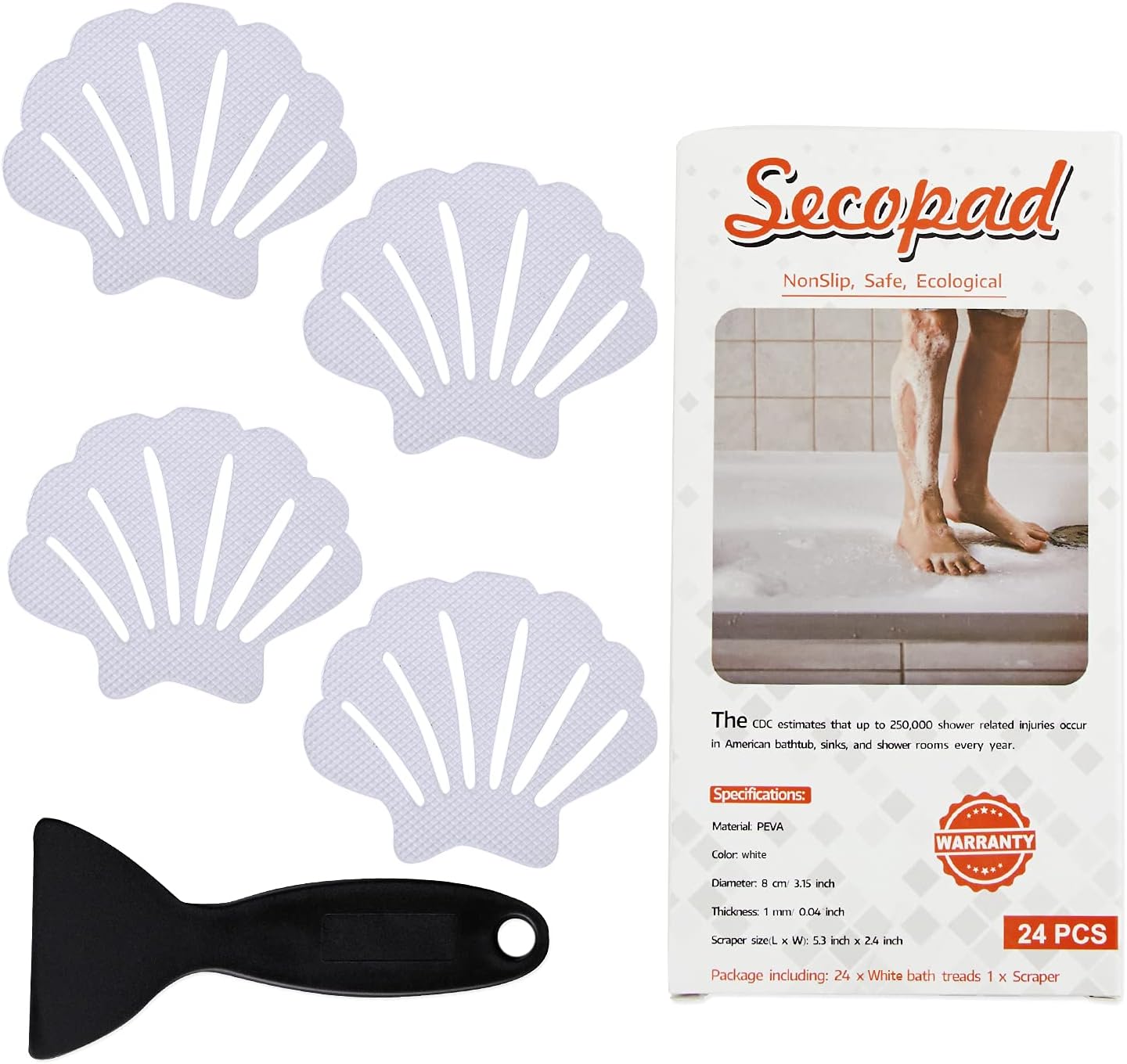 SecopadNon-Slip Bathtub Stickers, 24 PCS Shell Safety Bathroom Tubs Showers Treads Adhesive Decals Sc (White)