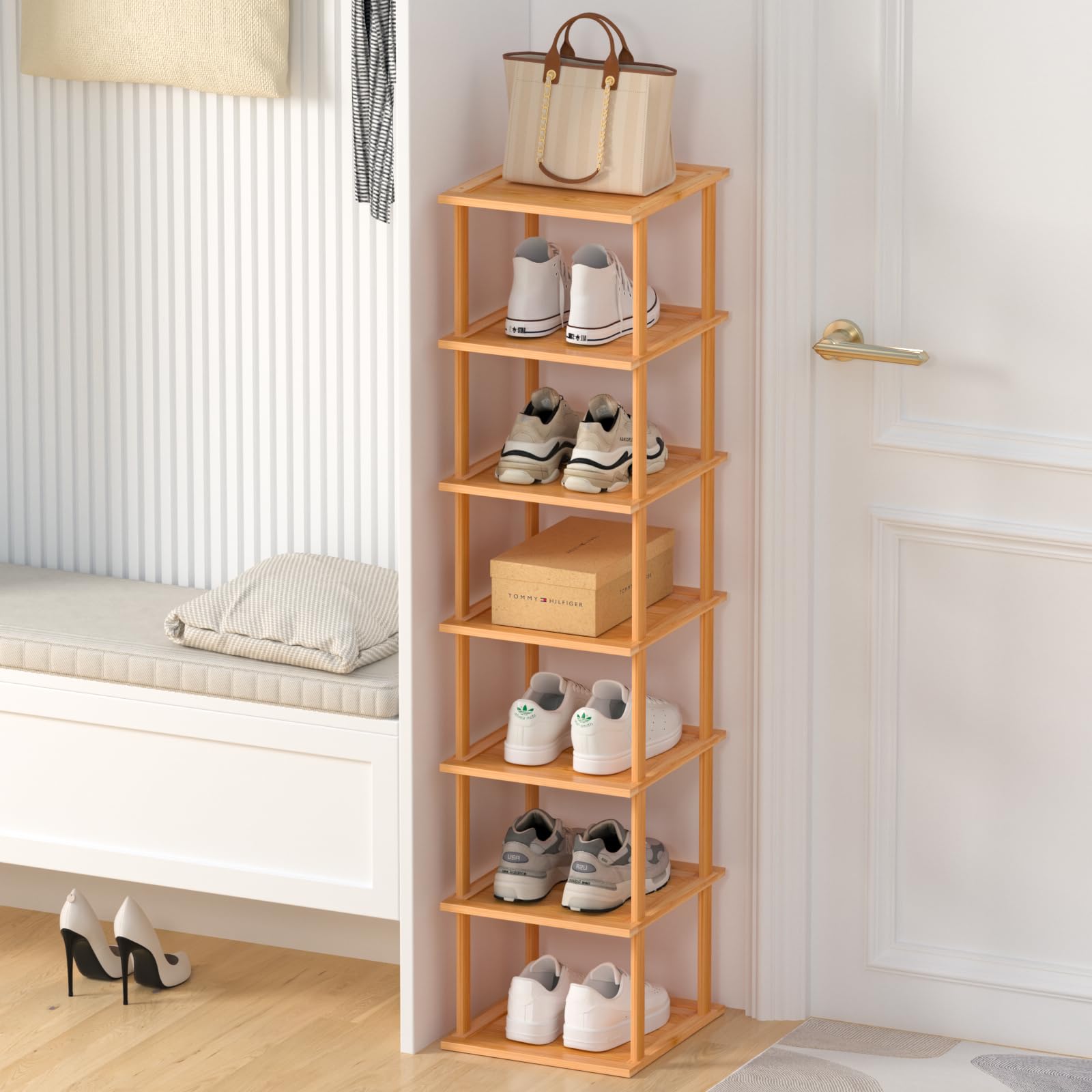 MHXW SXPN Bamboo Free Standing Shoe Rack Shelf Multi Tier Tall Wooden Stackable Shoes Rack Organizer for Closet Front Door Entrance Narrow Vertical