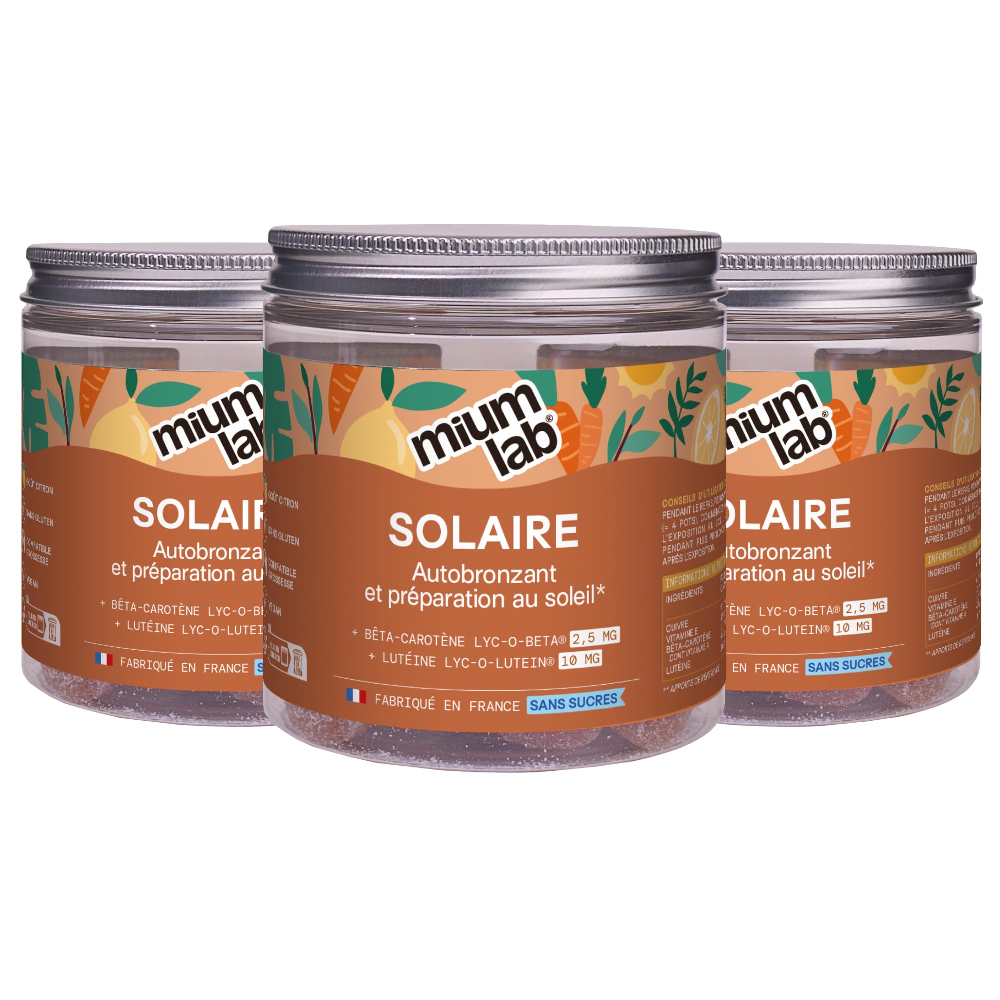 Mium Lab - Gummies Solaire - Complément Alimentaire Bronzage - Prépare la Peau au Soleil, Prolonge & Accélère bronzage - Bêta-carotène, Vit E, Cuivre - Sans Sucres - Cure 63J - Fabriqué en France