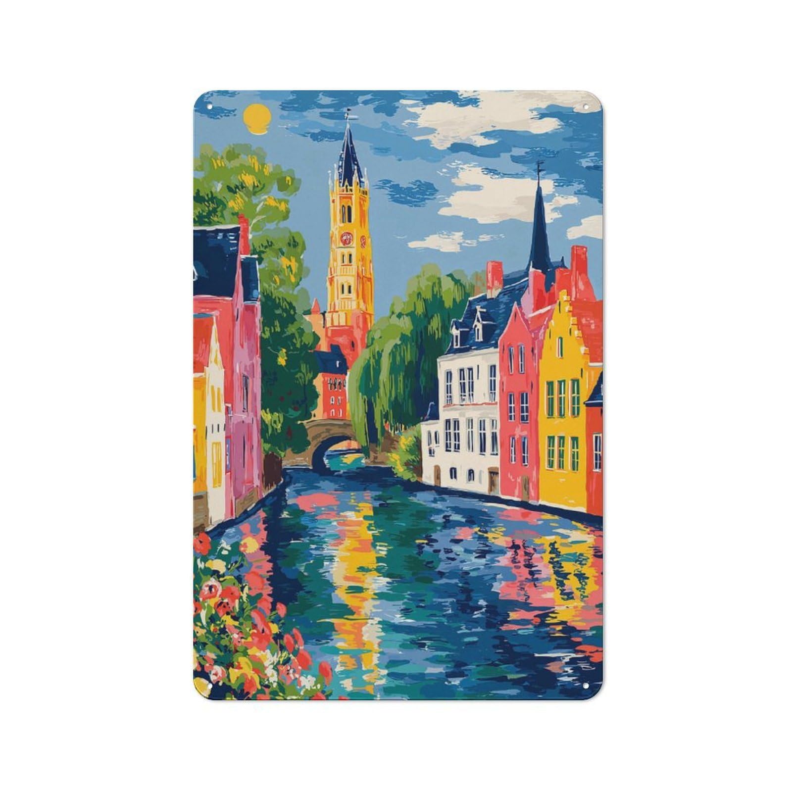 Junmoney Style-19 Colorful Canal Cityscape Painting Printed Metal Sign 30X20cm For Lounge Or Reading Corner, A Winter Wall Decor Update For Reading Corner Decorators