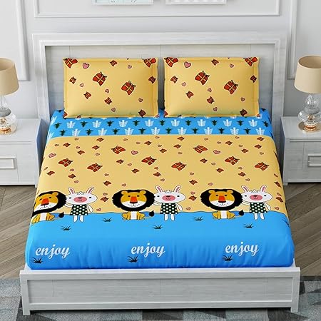 Living Roots Polycotton Kids( Boys and Girls) Cartoon Printed Colorful Double Bed Queen Size Bedsheet + 2 Pillow Covers (90  * 100 