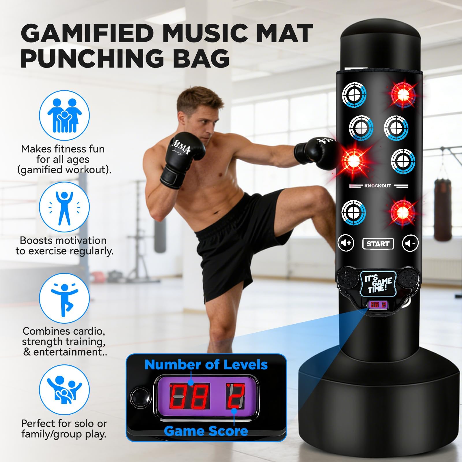 NZQXJXZ Verbesserter Boxsack Stehend mit interaktiver Musikmatte, 175cm Boxsack Erwachsene mit Punktestandanzeige, Licht- und Musikmatte, Kickboxen für Anfänger, MMA-Training