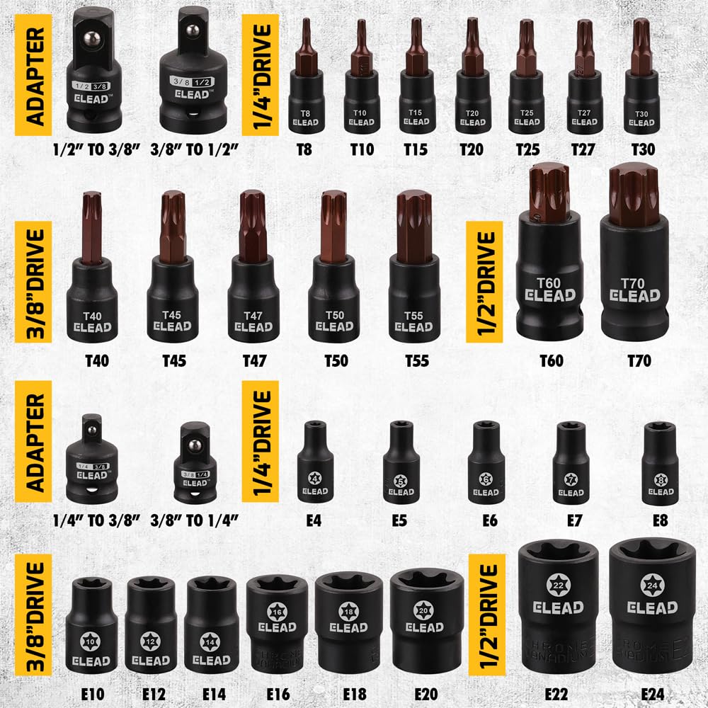 Set di 31 chiavi a bussola Torx in acciaio legato CR-V e S2, Star T8-T70 e E-Torx E4-E24, marcate al laser ad alta coppia per meccanici automobilistici