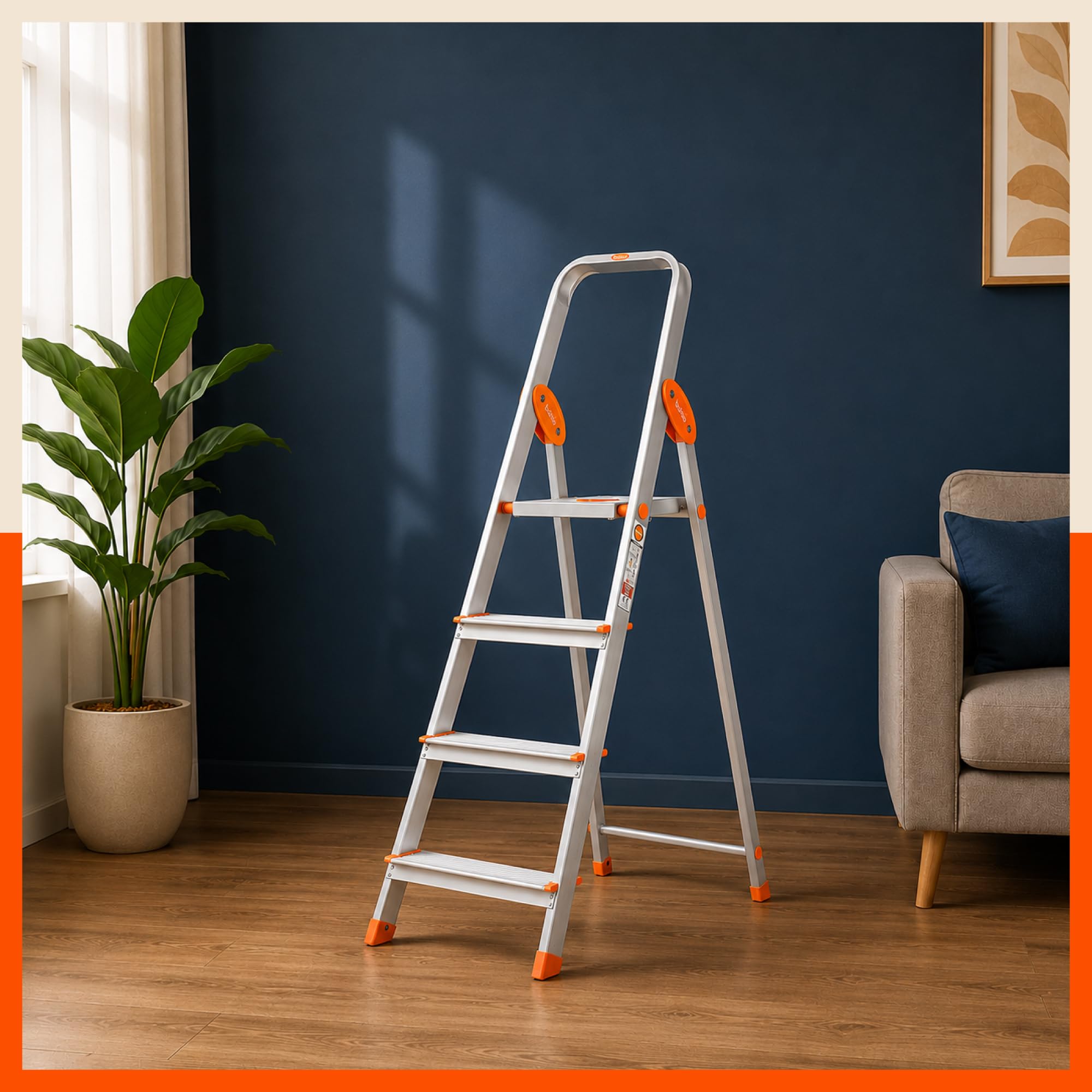 Bathla Advance 4-Step Aluminium Ladder | 150 Kg Load Capacity | Anti-Slip Steps | Sure-Hinge Technology | Home Use Step Ladder | 5 Year Warranty