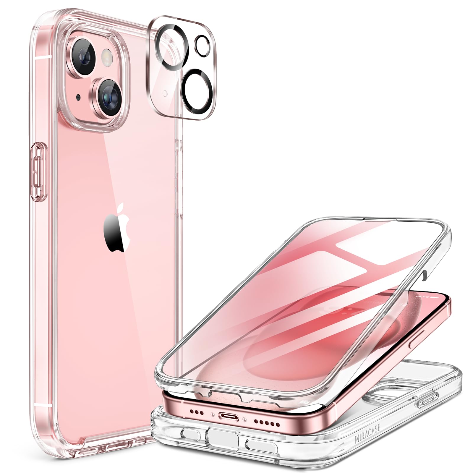 Miracase for iPhone 15 Case Clear Full-Body Built-in Glass Screen Protector &Camera Protector, Military Drop Proof 15 Phone Case 360 Degree Shockproof Protective Cover Bumper 6.1 inch, Clear