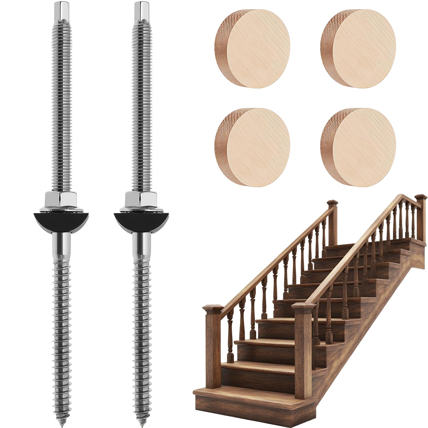 2 Sets Wood Newel Post Mounting Kit – Complete Stair Railing Installation Fastener for Residential & Commercial Use – Hidden Hardware, Includes Steel Bolts, Washers, Nuts, and Oak Plugs (2)