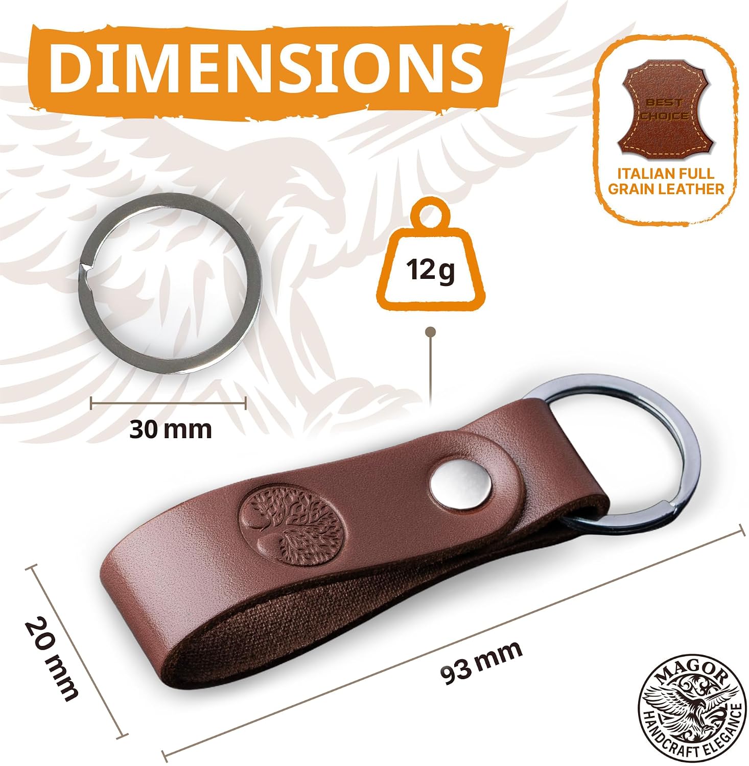MAGOR Leather Keychain Personalized Full Grain Car Keychain Key Ring Gift for Men Women Dad Mom Minimalist Brown Embossed image 4