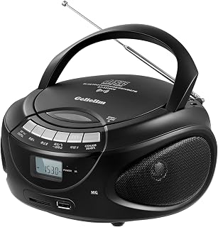 Gelielim ポータブルCDプレーヤー AM/FMラジオ CD/SD/USB/AUX ステレオスピーカー内蔵 液晶ディスプレイ Boombox 音楽再生 コンセント付き·電池駆動可能 3.5mmイヤホンジャック 語学学習 音楽鑑賞 幼児教育 日本語取扱説明書