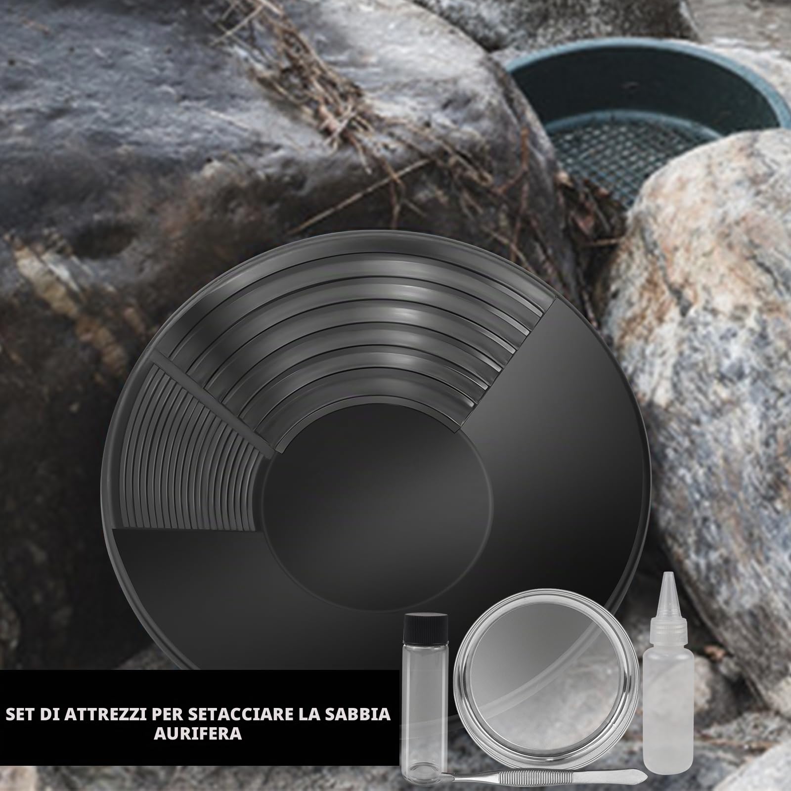 AFAIK Bacino per la Ricerca Dell'Oro Gold Pan Kit Classificatore d'oro Ricerca Oro Pans Setaccio Accessori per sabbia oro miniere lavaggio manuale oro panning attrezzature (Nero)