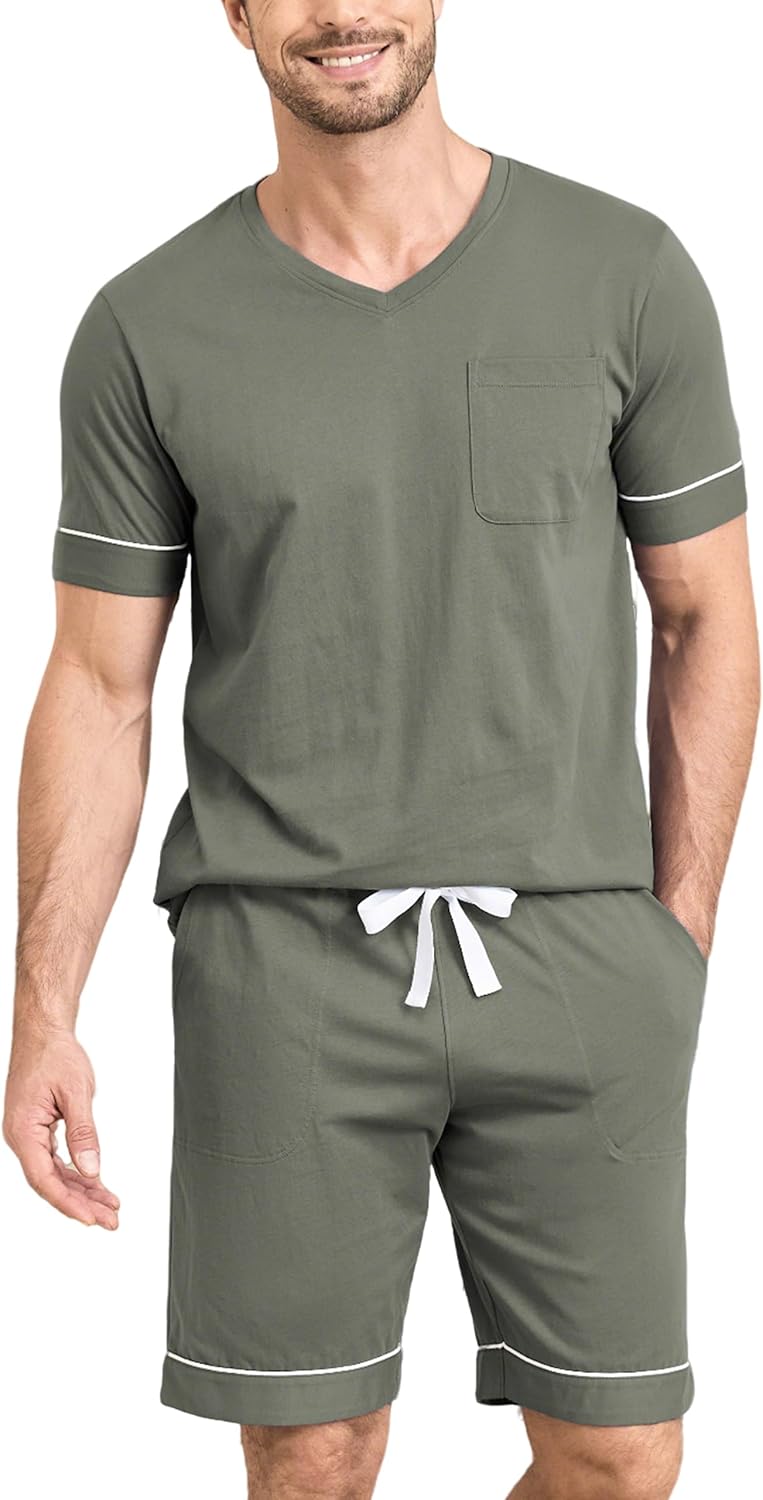 EA'S SECRET 100% Cotton Mens Pajamas Set Men's Sleepwear Short Sleeve Shirts Soft Lightweight V-Neck Pjs Set Loungewear Knit