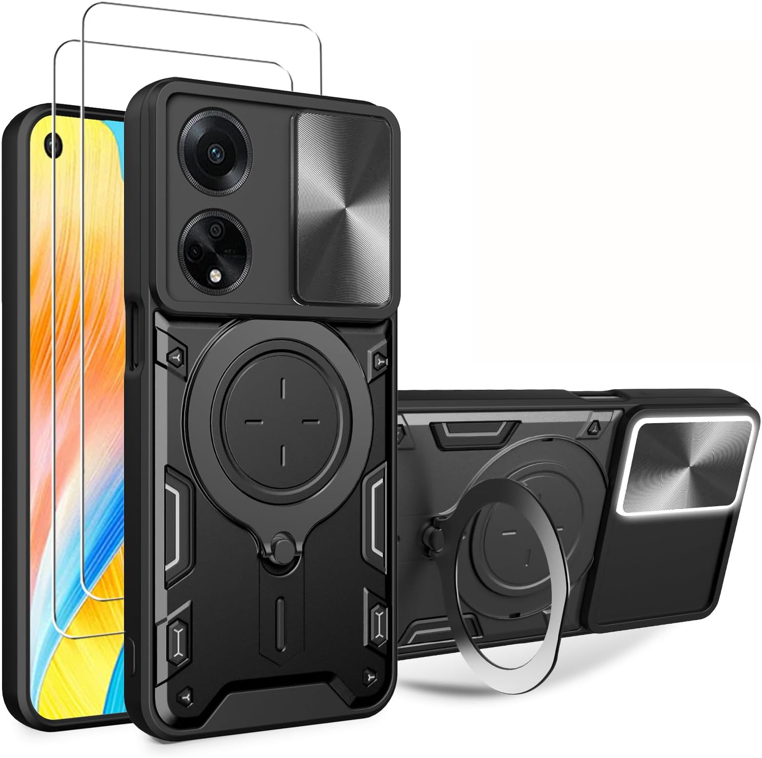 WRTBS ZMONE for OPPO A78 4G Case Cover with Screen Protector [2 PACK] Built Slide Camera Protection Cover,Military Heavy Duty Protective Phone Case - Black