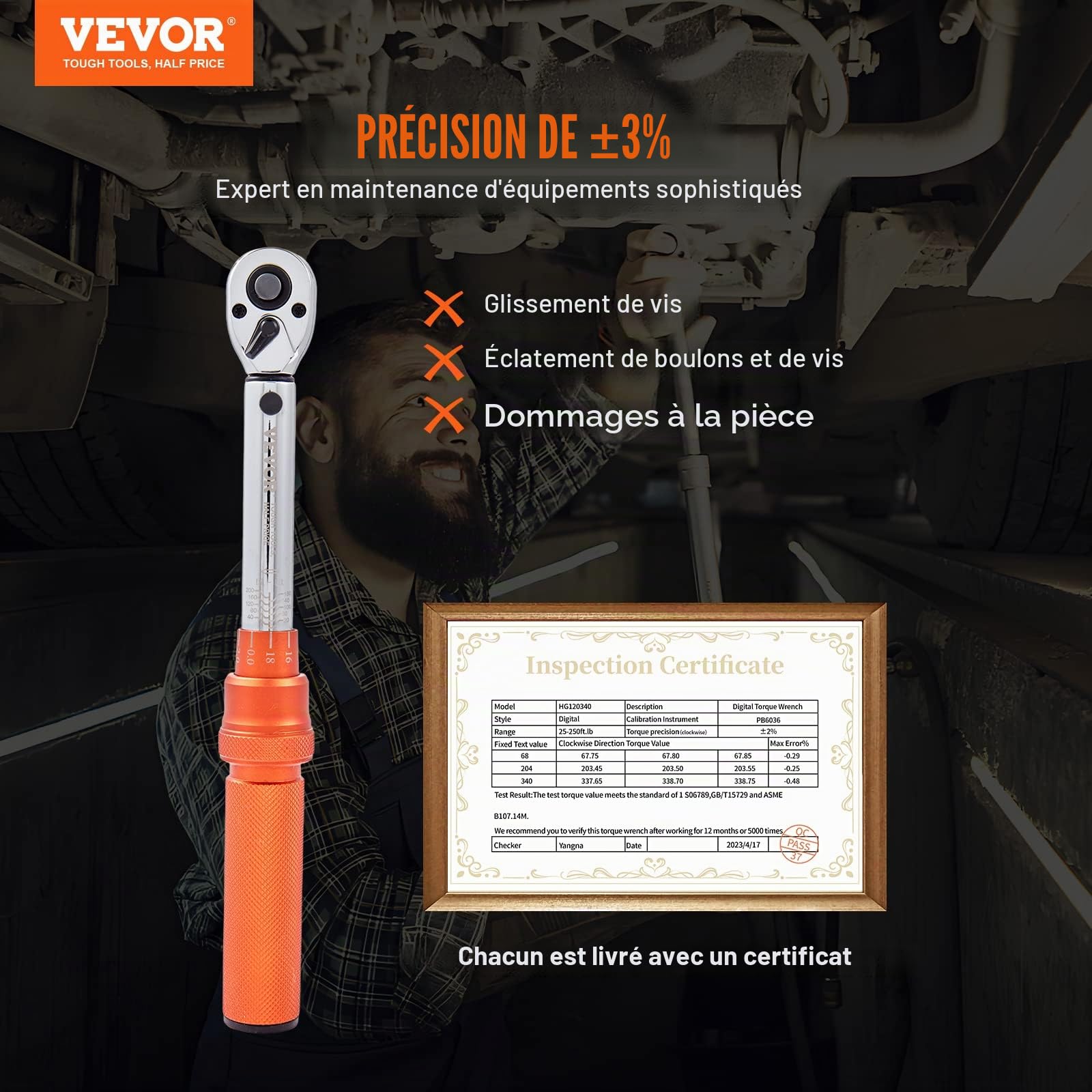 VEVOR 1/4" Clé Dynamométrique Mécanique Clé de Torsion 2,3-23 N.m Précision ±3% Clé à Cliquet Réglable 72 Dents Contre Surcouple avec Adaptateurs et Rallonge de 127 mm Kit d’Entretien pour Auto Moto