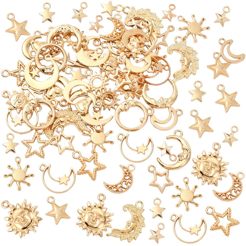 SUNNYCLUE 1 Box 80Pcs 20 Styles Celestial Theme Charms Gold Planet Charm Bulk Metal Alloy Vintage Assorted Moon Sun Star Pendants for Jewellery Making Bracelets Necklace Earring DIY Crafts Supplies โ image 1