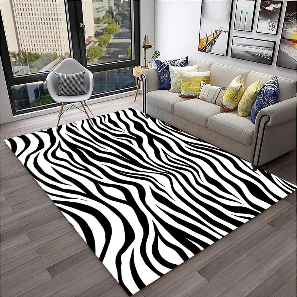Tapis 3D rayé Noir et Blanc doux pour sol froid et decoration salon moderne
