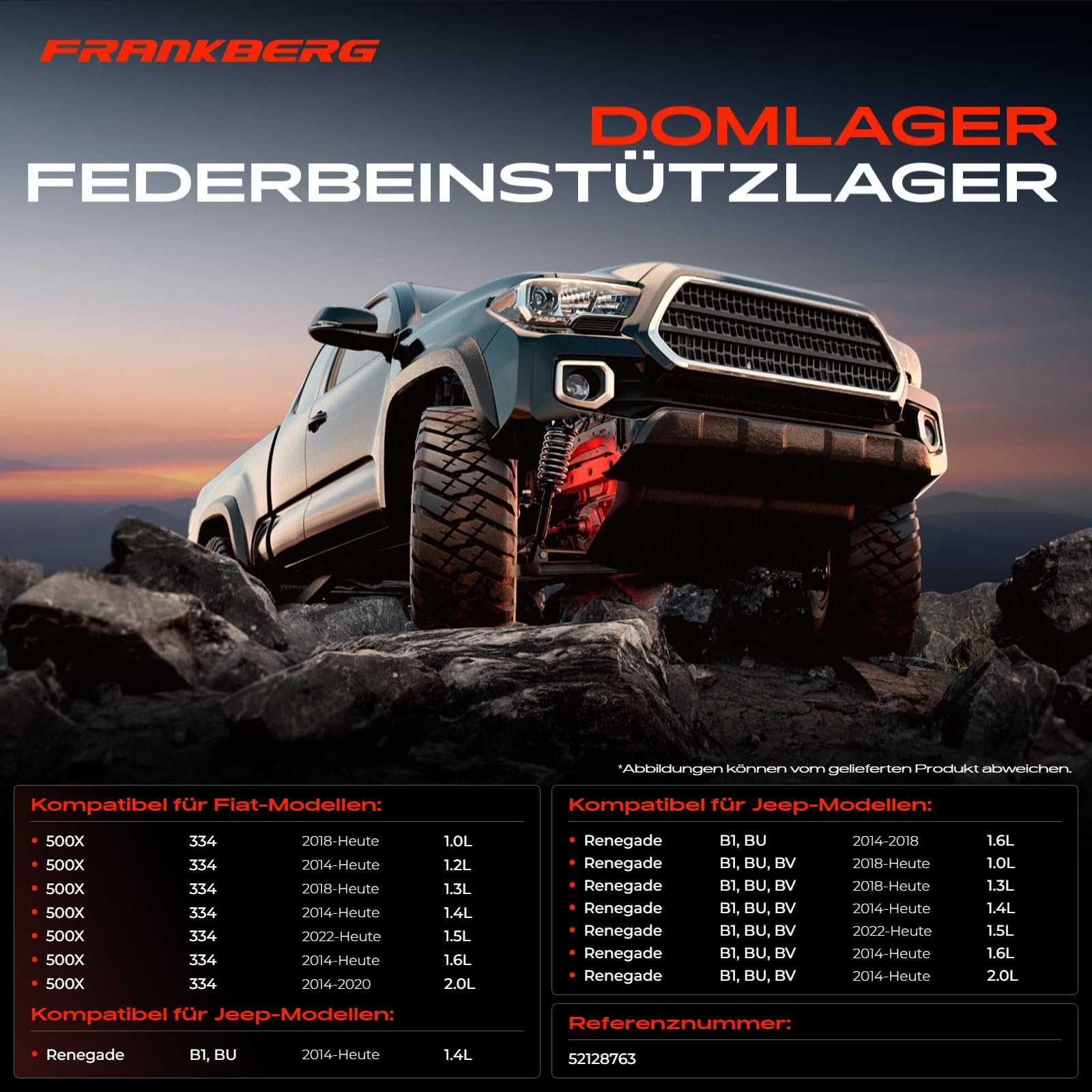 Frankberg 2x Domlager Federbeinstützlager Vorne Links Rechts Kompatibel mit 500X 334 SUV Compass M6 M7 MP MV Renegade B1 BU BV Renegade Van B1 BU Replace# 52128763
