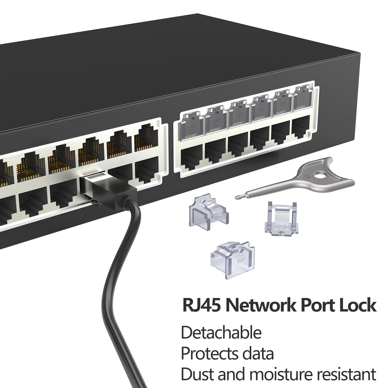 RJ45-Port-Schloss mit 3 Schlüsseln, Verriegelung RJ45-Port/Staubblocker, RJ45-Staubschutzkappe, Buchsenstecker, kompatible RJ45-Port-Geräte (transparent), 72 Stück
