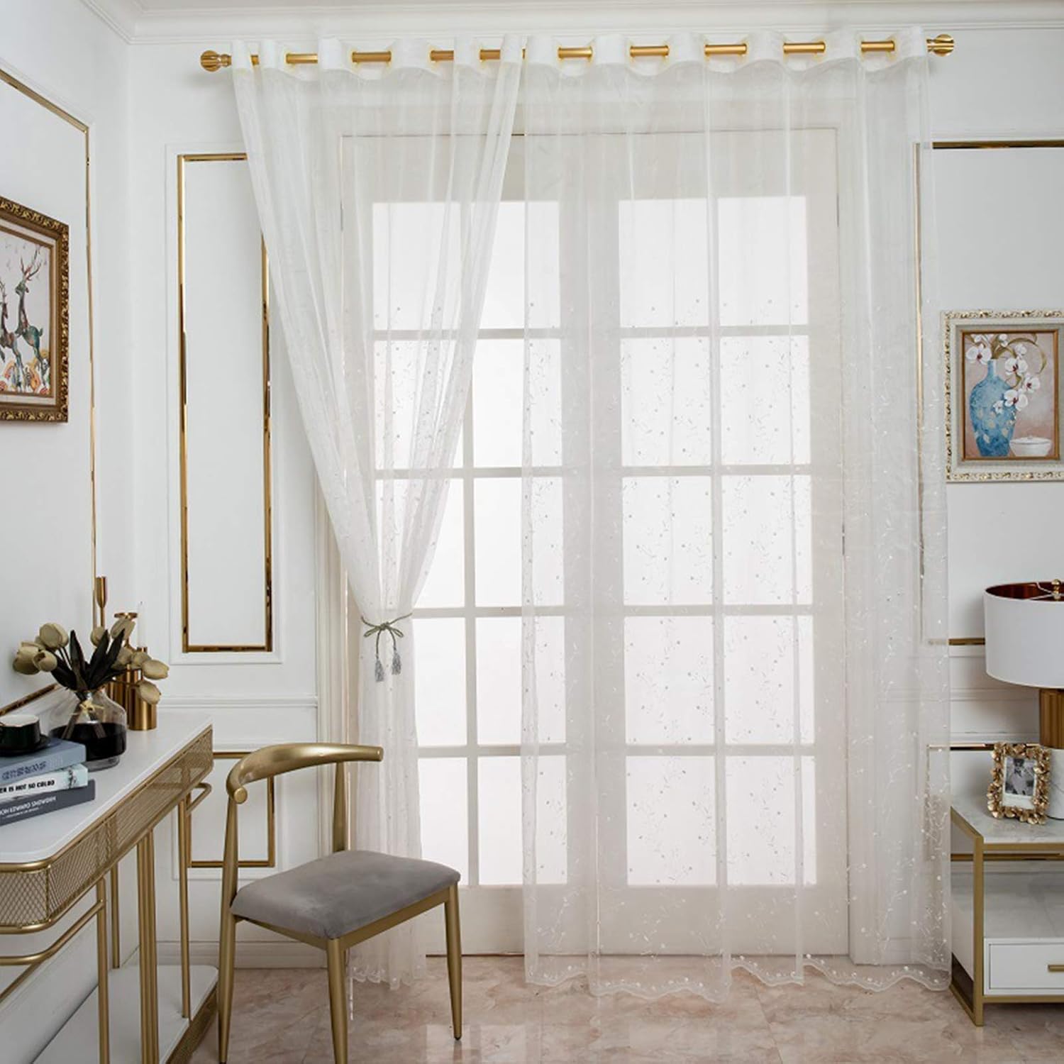 2 Piece Sheer Voile Curtain White Embroidery Transparent Dekoschals Curtains Nursery DIY Size (with Eyelets/Hook/S Hook) apricot-274x229cm (White 200x140cm)