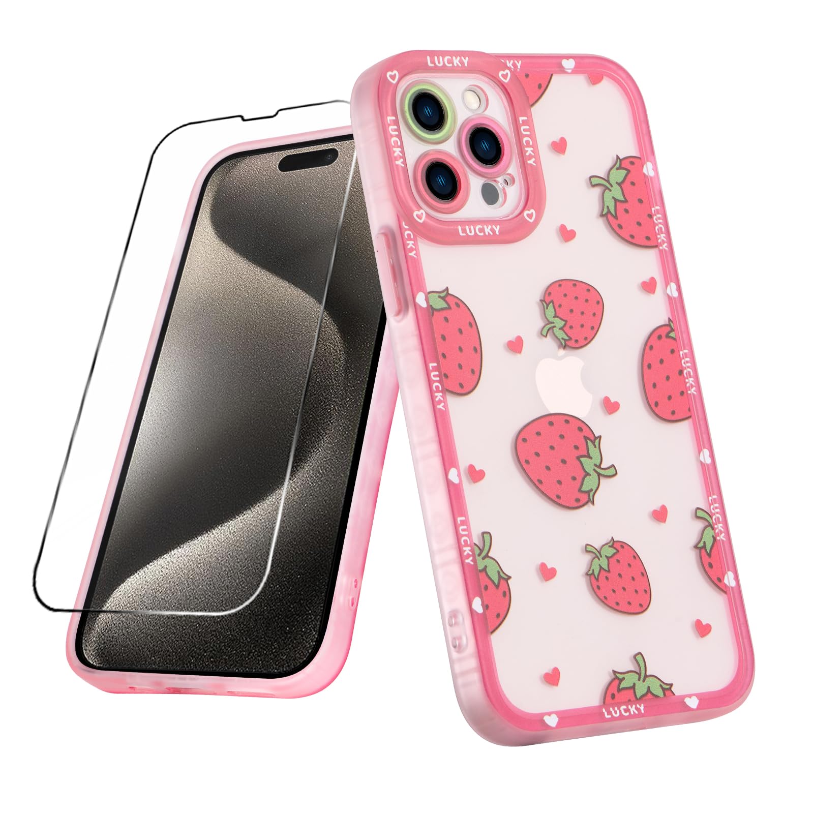 MZELQ Compatible with iPhone 15 Pro Case Pink Strawberry Cute Pattern Soft TPU Case for Girls Women + 1* Screen Protector, Camera Hole Protective Phone Case
