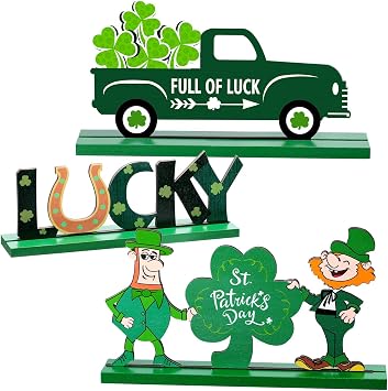 Chuangdi 3 Pcs Wooden St. Patricks Day Table Decorations Shamrock Table Decor Green Truck Leprechaun Lucky Sign Table Centerpiece for Home Table Mantel Saint Patricks Day Decoration Irish Ornament
