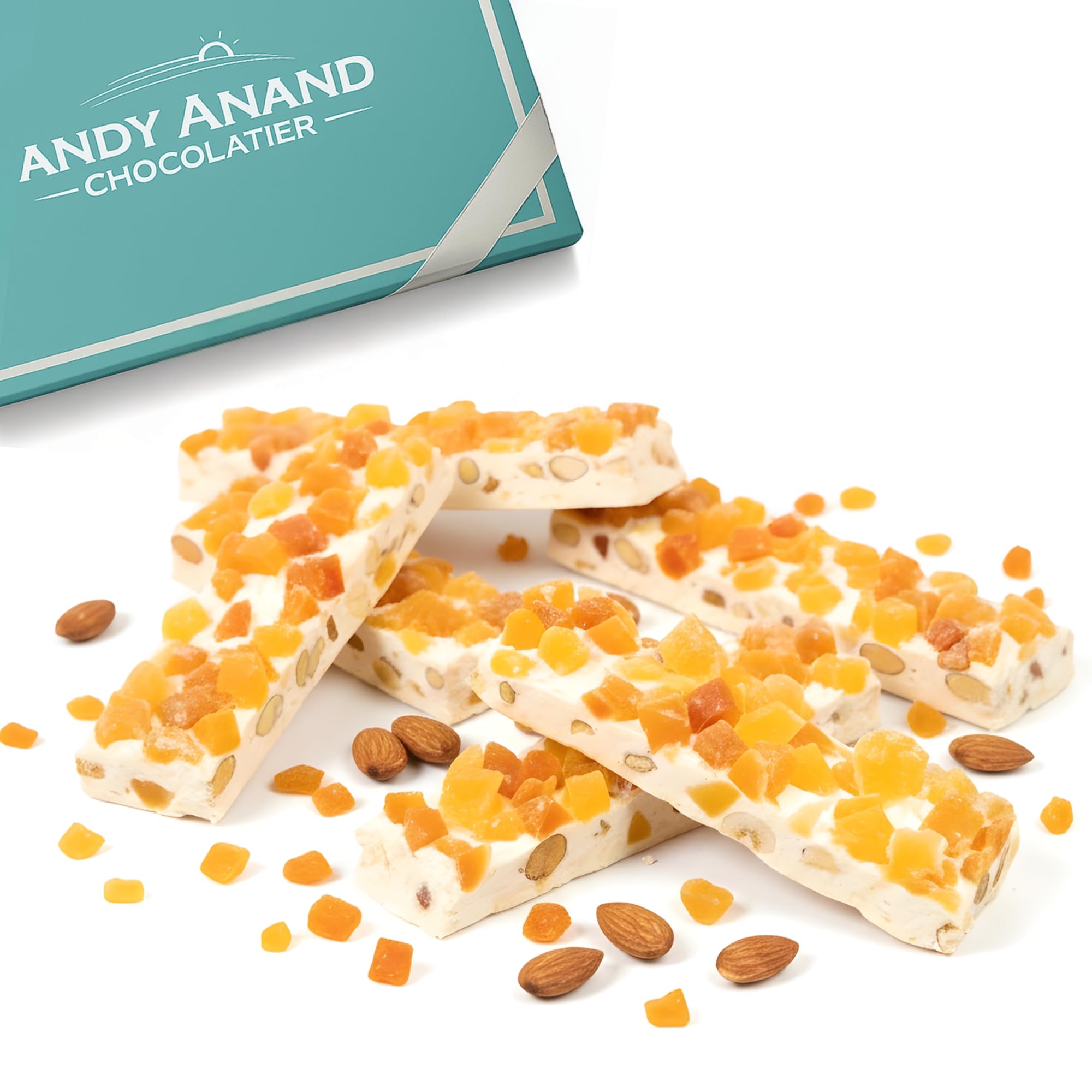 ANDY ANAND CHOCOLATIER Roasted Almond Soft Exotic Fruit Nougat Brittle – 7 oz Italian Nougat Candy from Sicily with Honey, 38% Almonds & Dried Fruits, Gluten Free Gourmet Treat