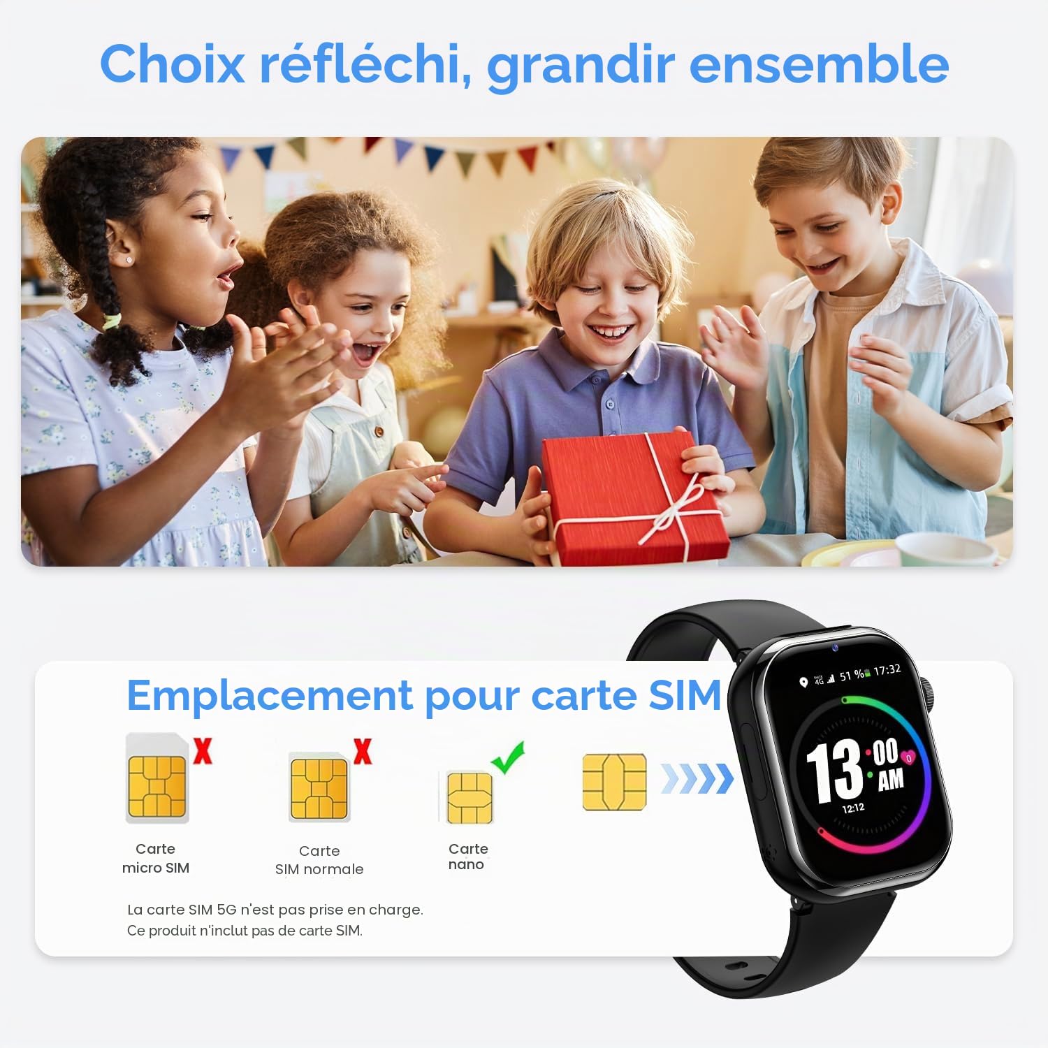 4G Montre Connectée Enfant avec Appel Vidéo, GPS, Double Caméra, Noir | Lampe de Poche, Carte Sim, GPS, Chat Vocal, SOS, IP68, Mode École, Podomètre, Réveil, Smartwatch Enfant pour Garçons Filles