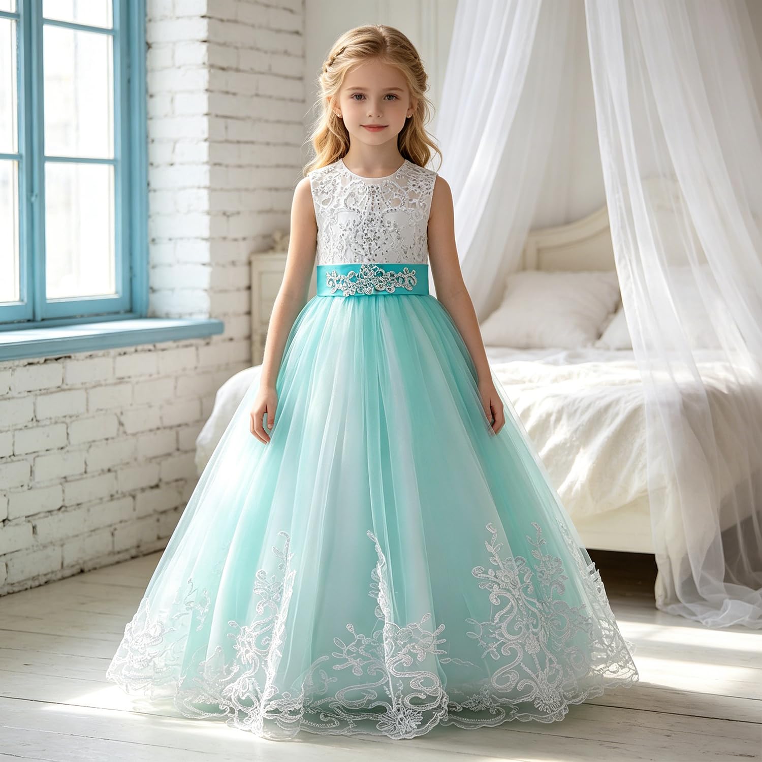 NNJXD Mädchen Spitze Tüll Gestickte Prinzessin Prom Ballkleid Formale Partei Lang Schwanz Kleider