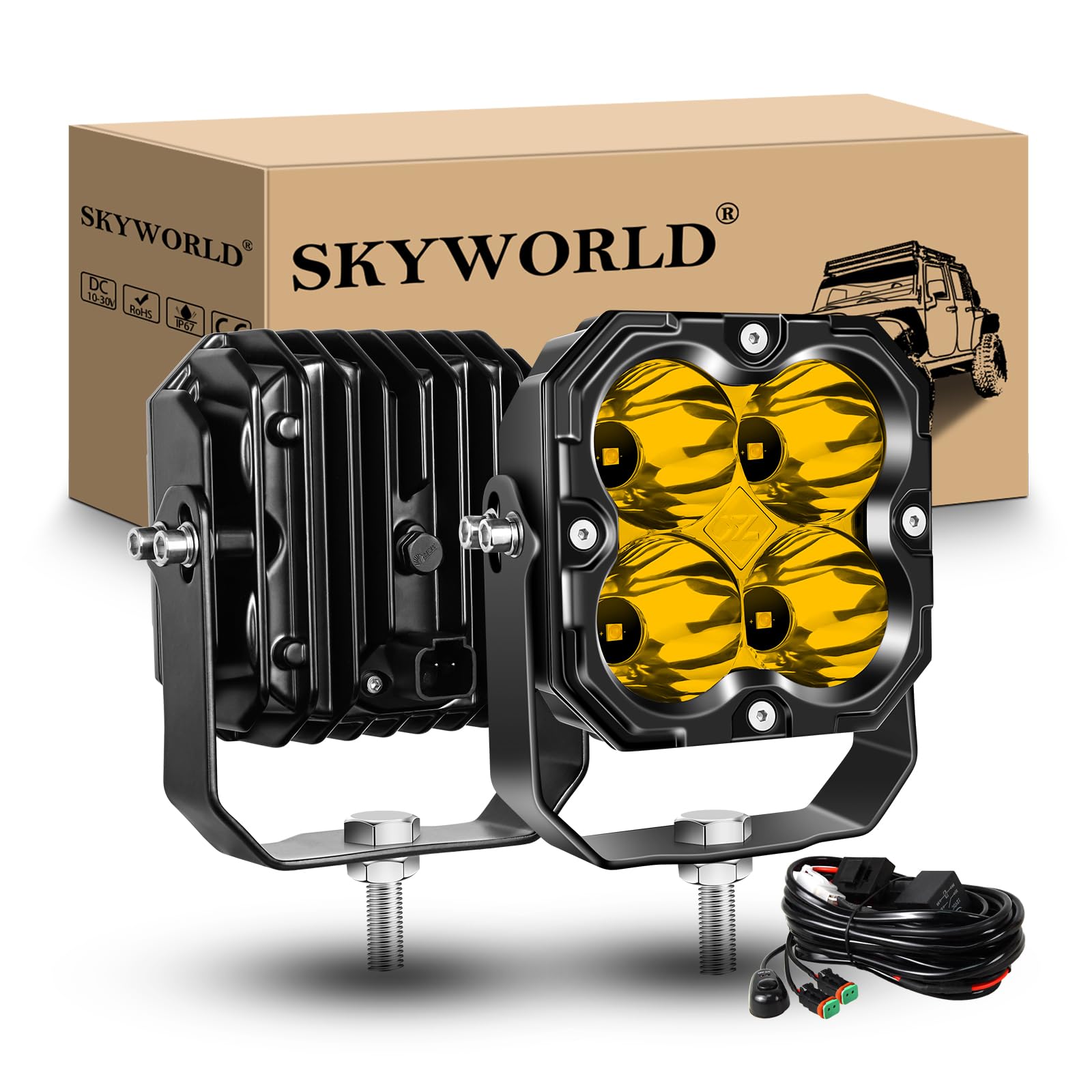 SKYWORLD 2 szt. Kwadratowy reflektor roboczy LED z zestawem wiązki 12 V DT, 4,3 cala 30 W 2500 LM Reflektory robocze do pojazdów offroad samochodów ciężarowych ATV UTE 4x4 ciągnik, 3500K żółty