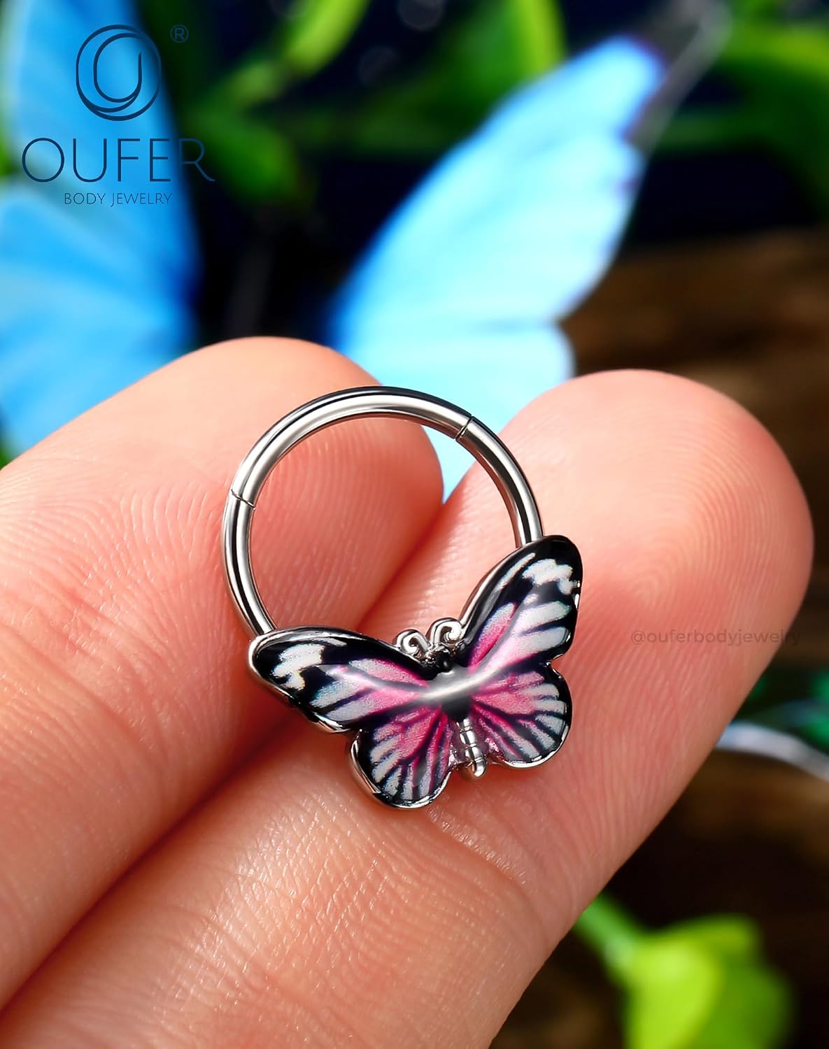 OUFER Butterfly Septum Rings, 16G Daith Septum Piercing Jewelry, Hinged Segment Clicker Daith Helix Cartilage Earrings for Women Men-Blue/Pink