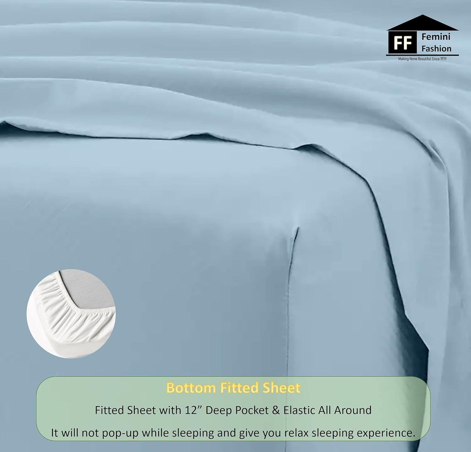 Femini Fashion 1000 Thread Count 100% Organic Cotton, 12-Inch Deep-Pocket, Luxury Breathable 4-Piece Bed Sheet Set (1 Flat Sheet, 1 Fitted Sheet, 2 Pillow Covers) - Queen, Light Blue