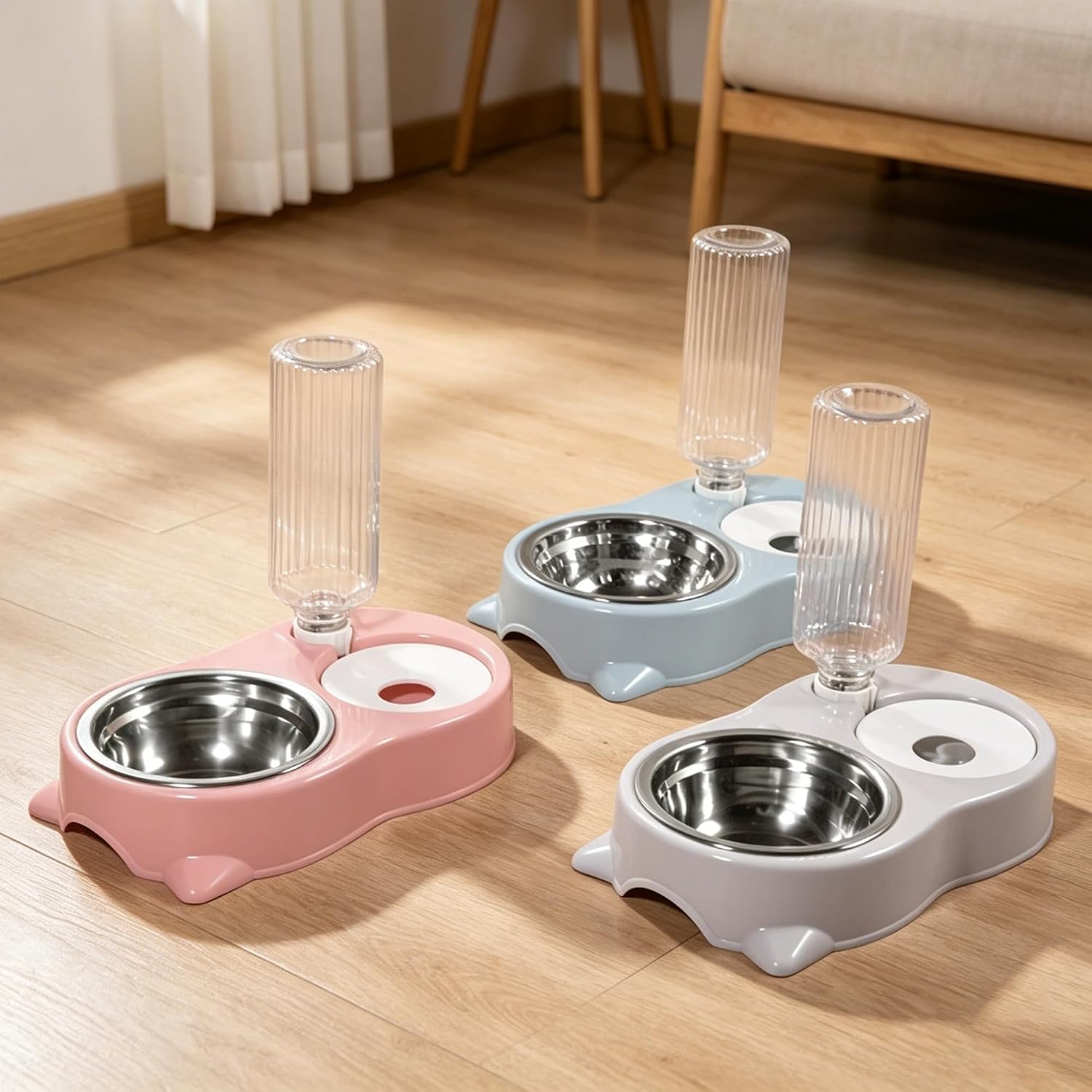 J&L VVMEET Cat Bowls Food and Water Bowl Set with Automatic Water Dispenser | Dog Bowls with Detachable Stainless Steel Bowl Gravity Pet Feeder and Waterer Set for Cats Kittens Small Dogs Puppy Rabbit