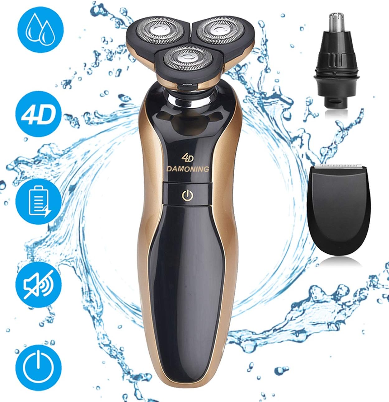 DAMONING Electric Shaver, 4D Rechargeable IPX7 Waterproof 4 in 1 Men's Rotary Shavers Wet and Dry Electric Shaving Razors with Pop-up Trimmer
