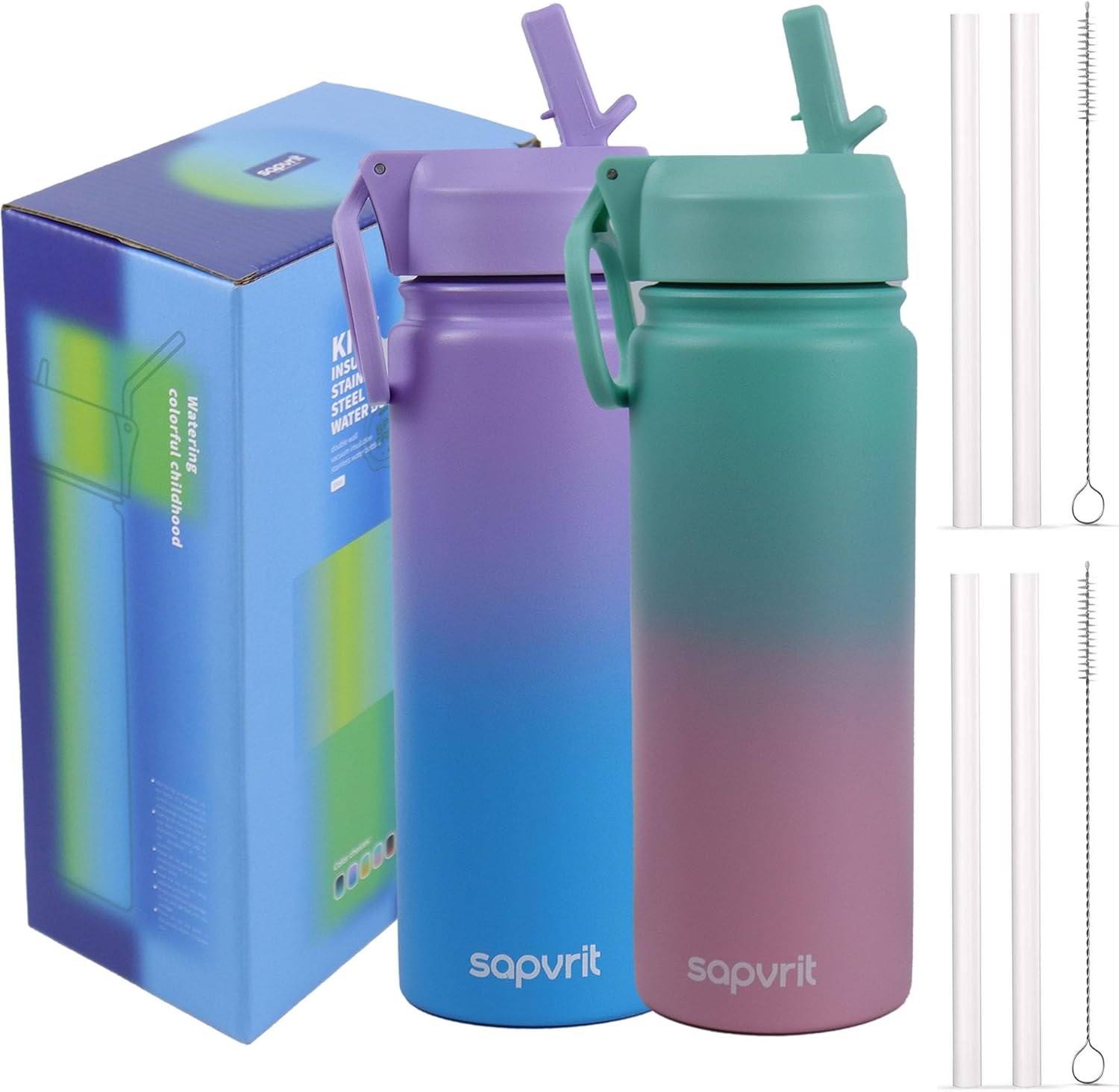 Water Bottle, 16 oz Water Bottles with Straw and Stickers, Stainless Steel Vacuum Double Wall Insulated cup,Water Bottle for School, Gifts for Girls (16OZ GREEN PINK+16OZ PURPLR BLUE)