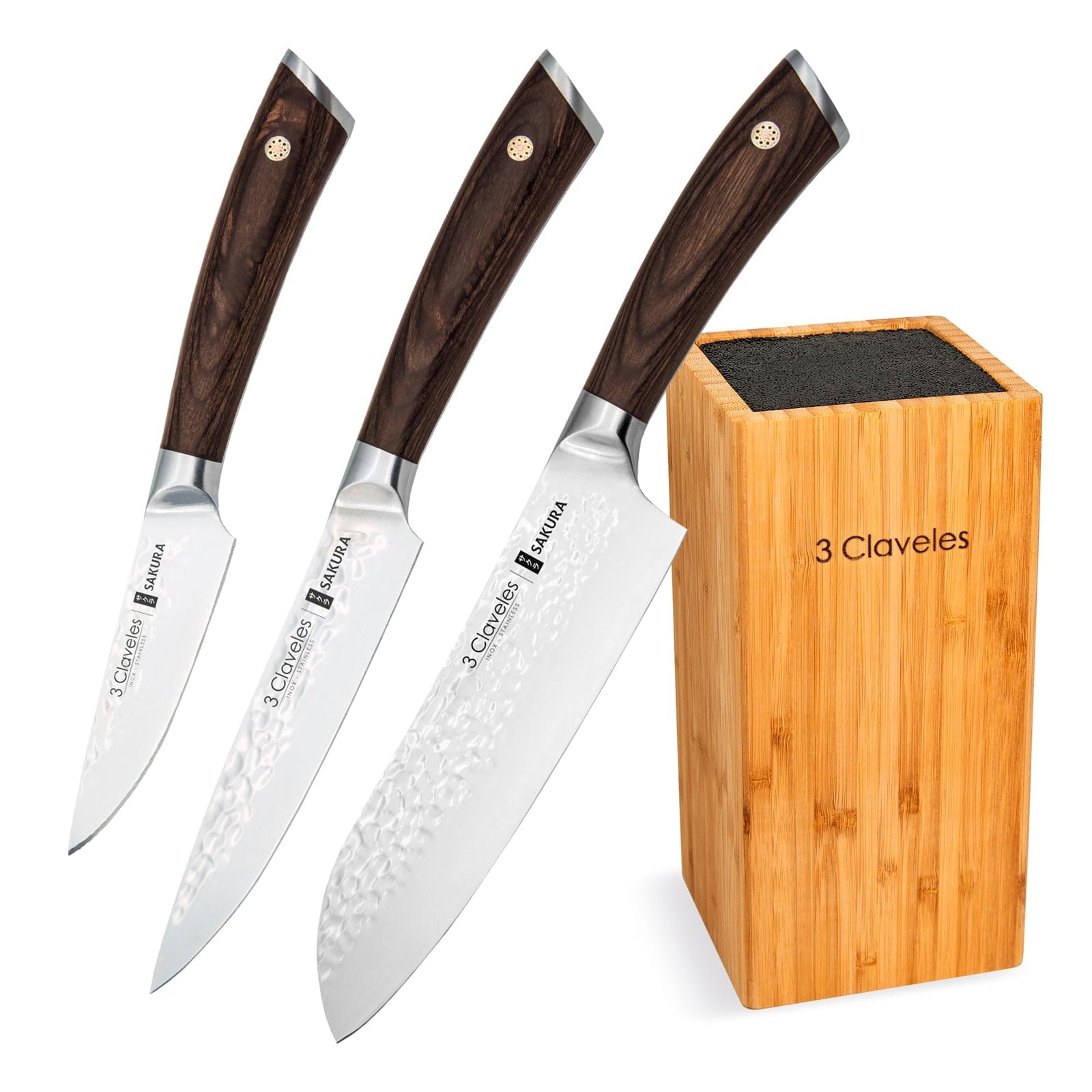3 Claveles Juego de 3 Cuchillos Profesionales con Hoja Martilleada y Taco de Madera (3X Sakura Plus)