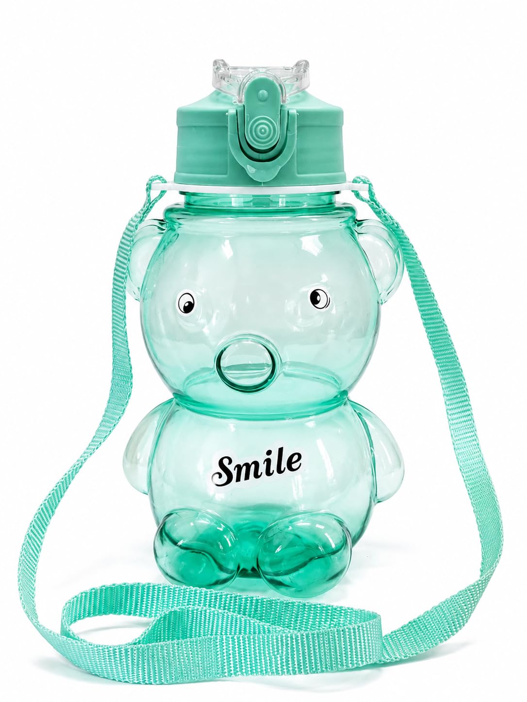 Lubin Kids Sipper Water Bottle with Straw & Carry Strap | BPA-Free Leak-Proof Drinking Bottle | Teddy Bear Design with Smile | Child-Safe PP & Silicone Bottle for Boys & Girls 650 ml (Green)-image-16