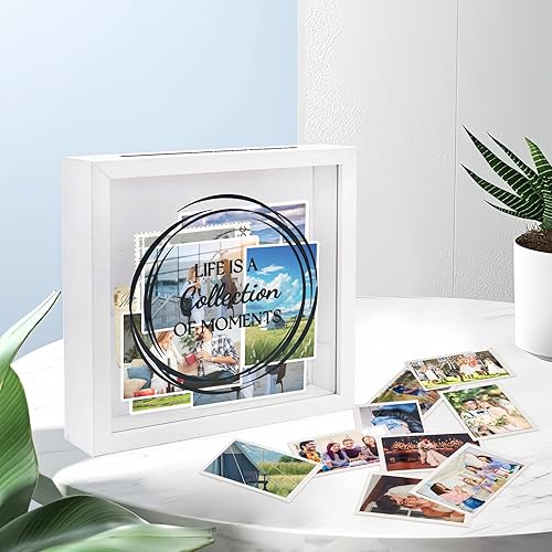 Miniatura 3 de Marco de caja de sombra de 8 x 8 pulgadas, caja de almacenamiento de fotos de madera en color blanco, caja de boletos de recuerdo con ranura,