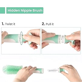 Ariseno 5-in-1 Baby Bottle Brush Set, Bottle Brush for Baby, Bottle Cleaner Brush Set, Including Nylon and Silicone Bottle Brush, Bottle Cap Brush, Straw Brush, Nipple Brush, BPA-Free (Green)