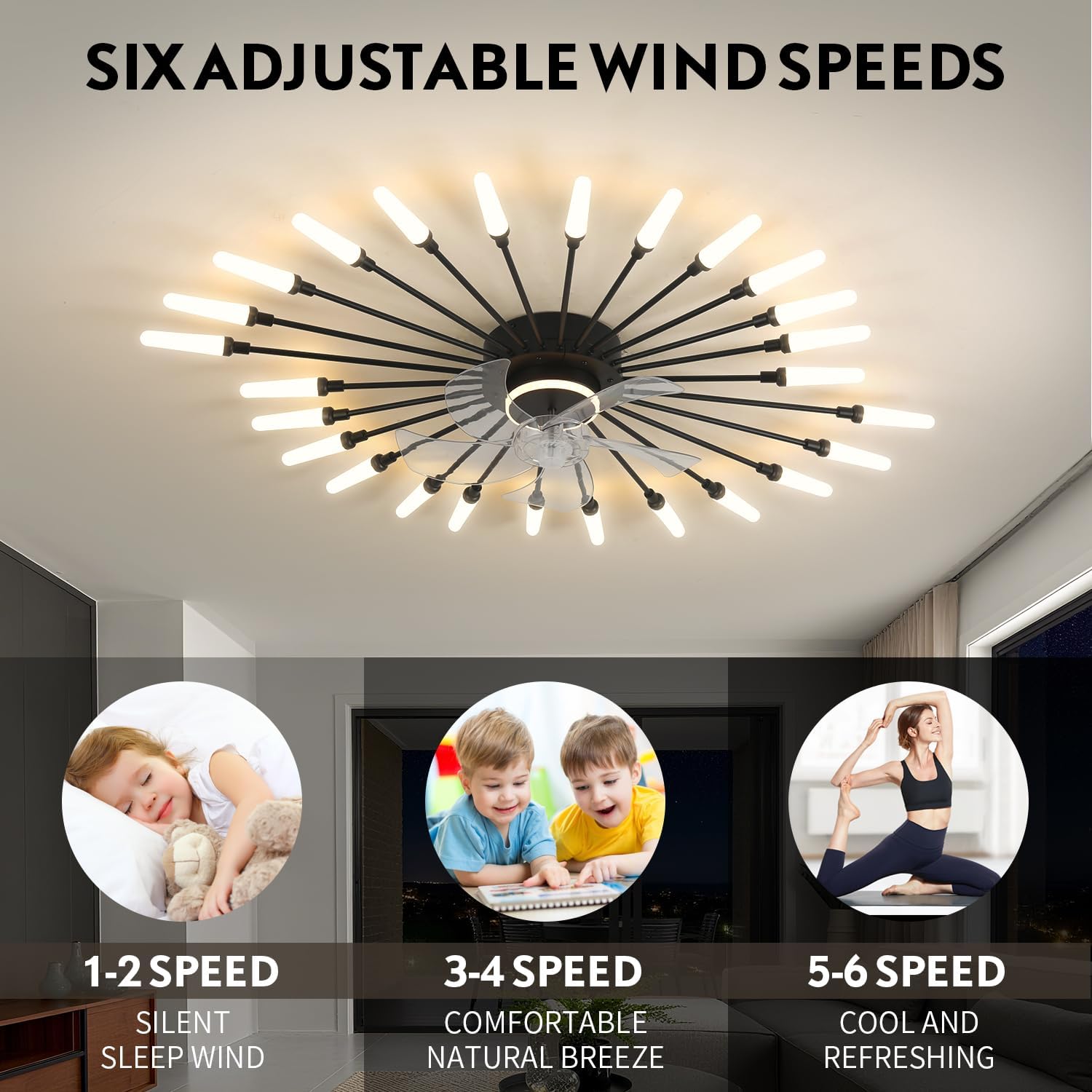 39" Modern Low Profile Ceiling Fan with Light,3-Color Dimmable LED, 6-Speed Quiet Motor,Flush Mount Bladeless Ceiling Fan with Led Lights and Remote Control for Living Room,Dining Room,Bedroom