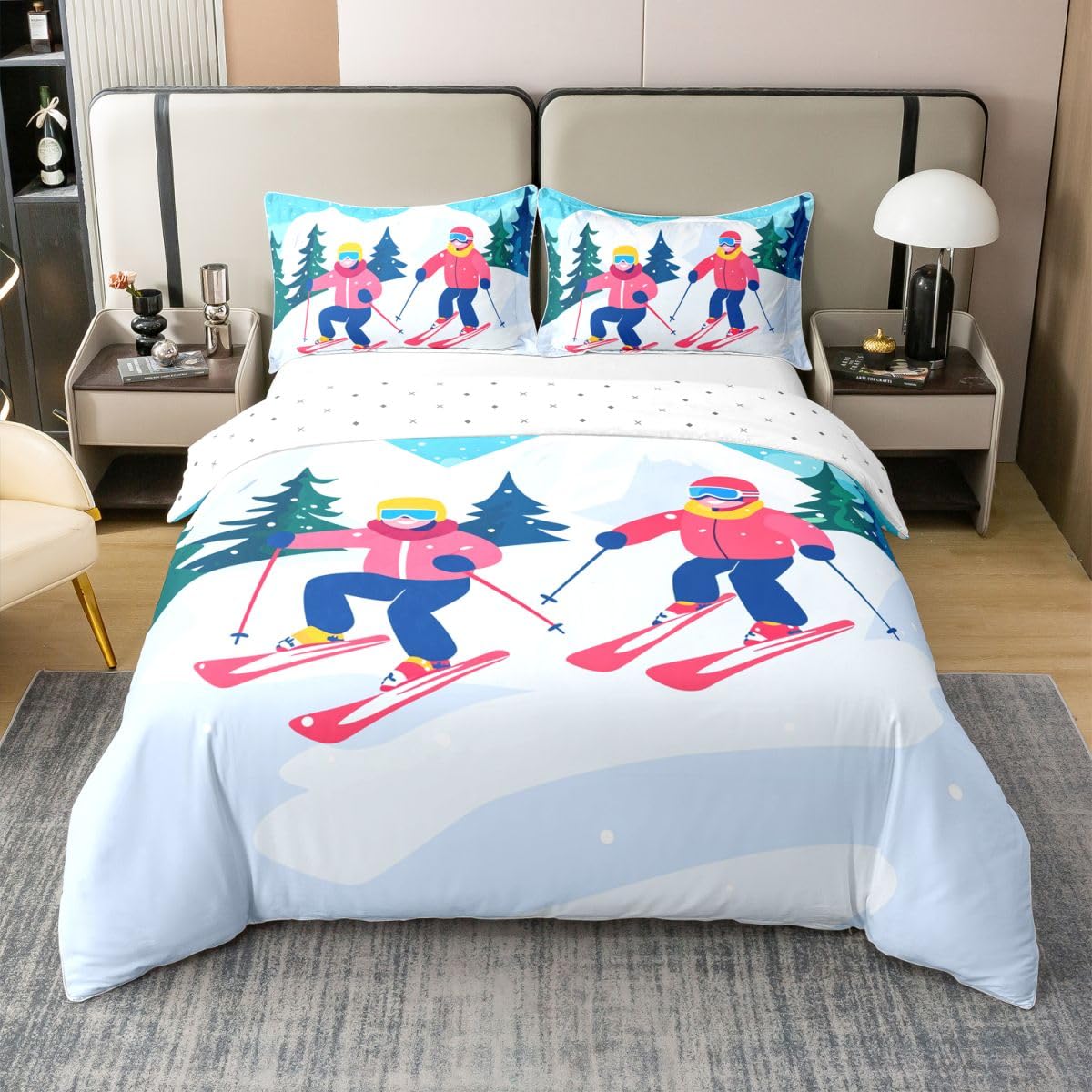 Homewish Sporty narciarskie podwójna pościel miłośnicy nart sporty ekstremalne bawełna poszewka na kołdrę zestaw dla dzieci dzieci chłopców dziewcząt narciarstwo motyw poszwa na kołdrę śnieg góry