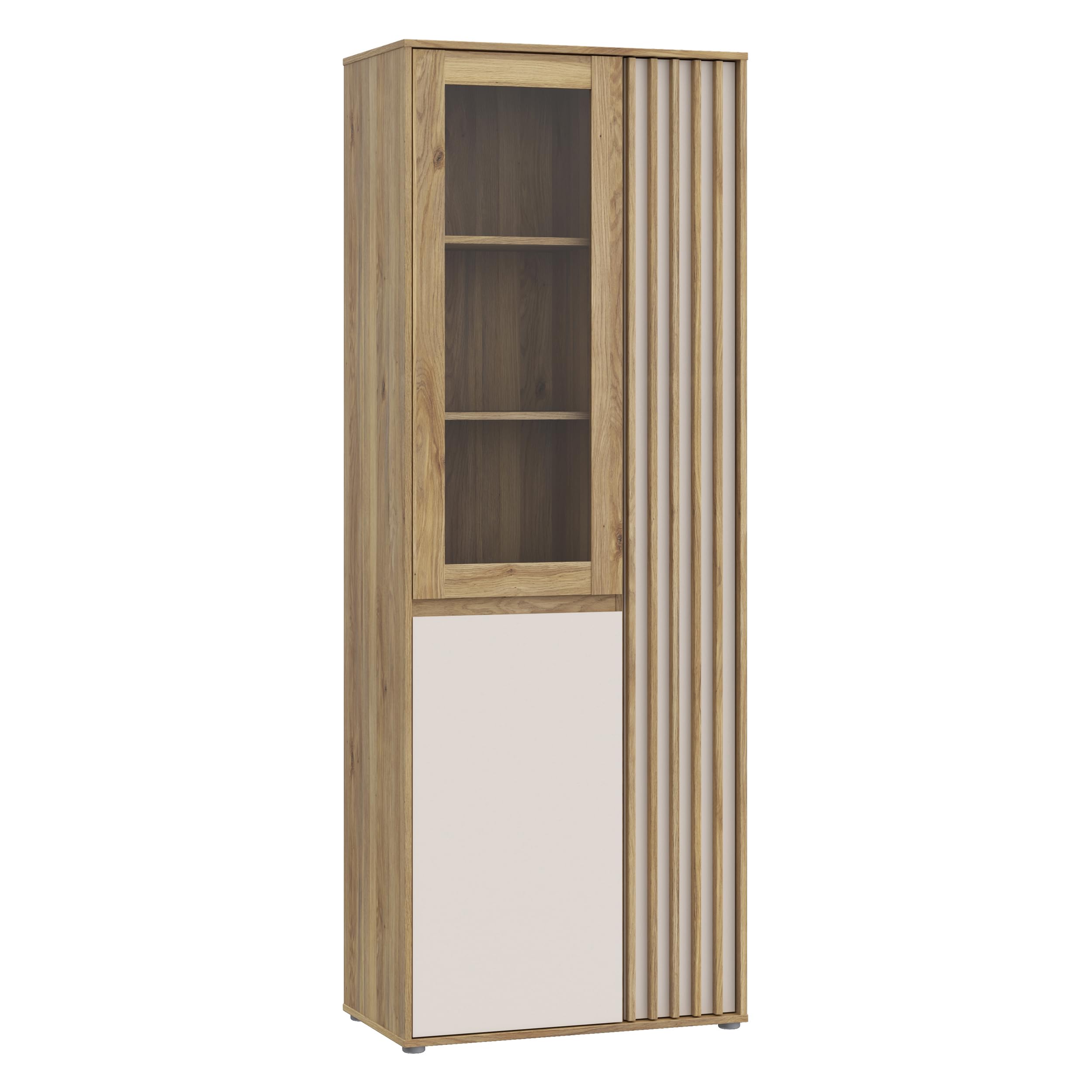 Forte ELISTON Vitrine 70 80, moderner Schrank mit Lamellendesign, 3-türig, Wohn-/Schlafzimmer, Mauvella Eiche Holzdekor|Kashmir Beige, 74 cm breit x 200,1 cm hoch x 41,5 cm tief