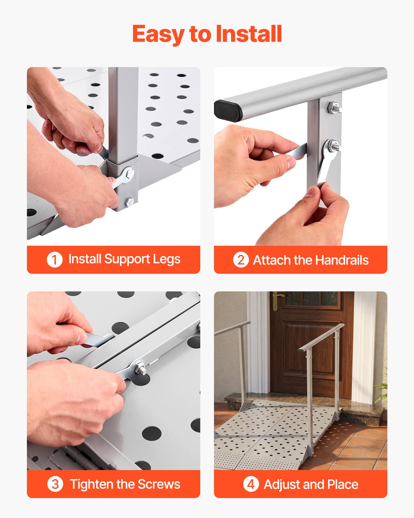 VEVOR Rampa per Sedia a Rotelle con Corrimano, 114x85 cm, Rampa per Soglia in Acciaio al Carbonio, Portata 199,6 kg, Design Portatile Antiscivolo per Gradini, Scale, Porte e Marciapiedi