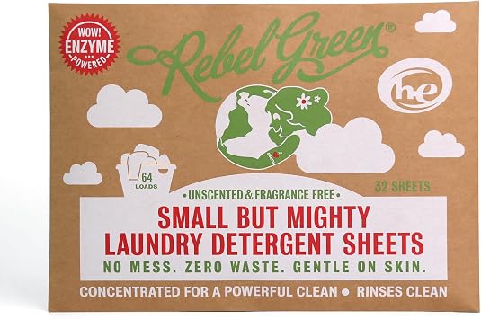Rebel Green Small But Mighty Laundry Detergent Sheets - Enzyme Powered Laundry Solution - 32 Pre-Measured Washing Machine Sheets for 64 Loads, Unscented