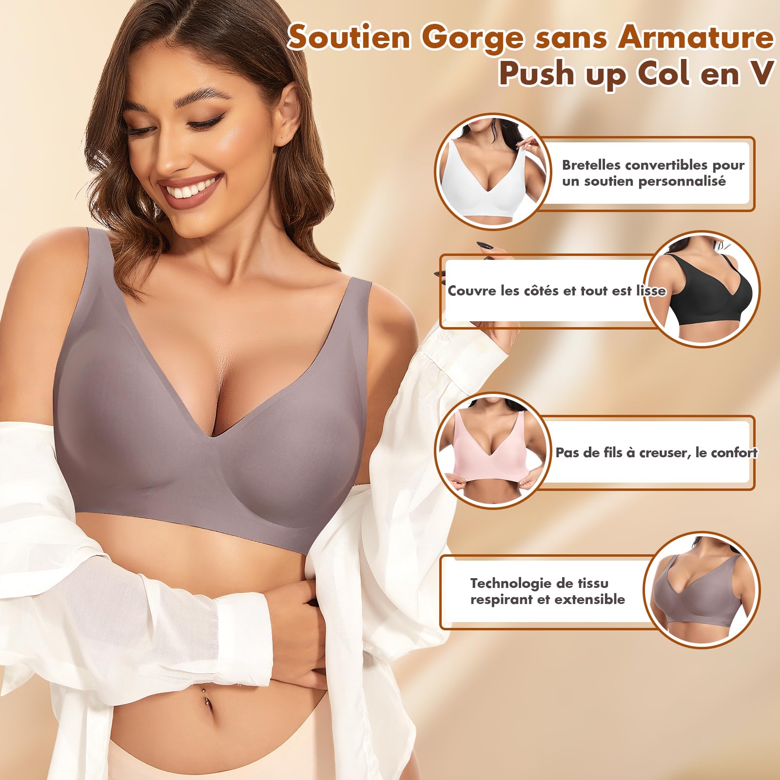 Ganado Soutien Gorge sans Armature Femme Brassière Push up Col en V Profond Bralette Classiques Brassiere sans Coutures Coton