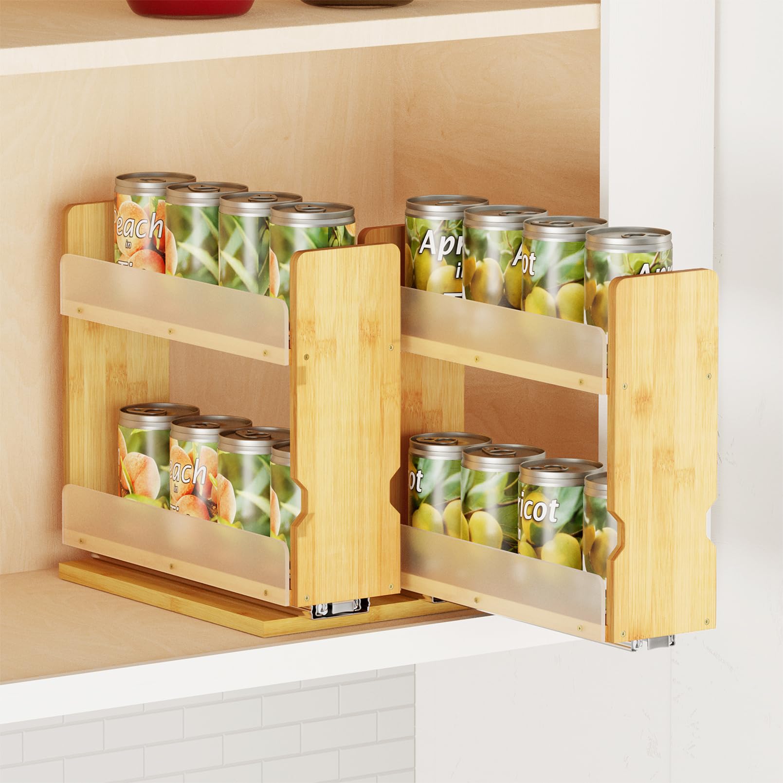 Spaceaid Natural Bamboo Pull Out Spice Rack Organizer For Cabinet, Heavy Duty Slide Out Seasoning Kitchen Pantry Sliding Vertical Organization, 7.3" Wide, 2 Drawers(3" Wide), 2-Tier,