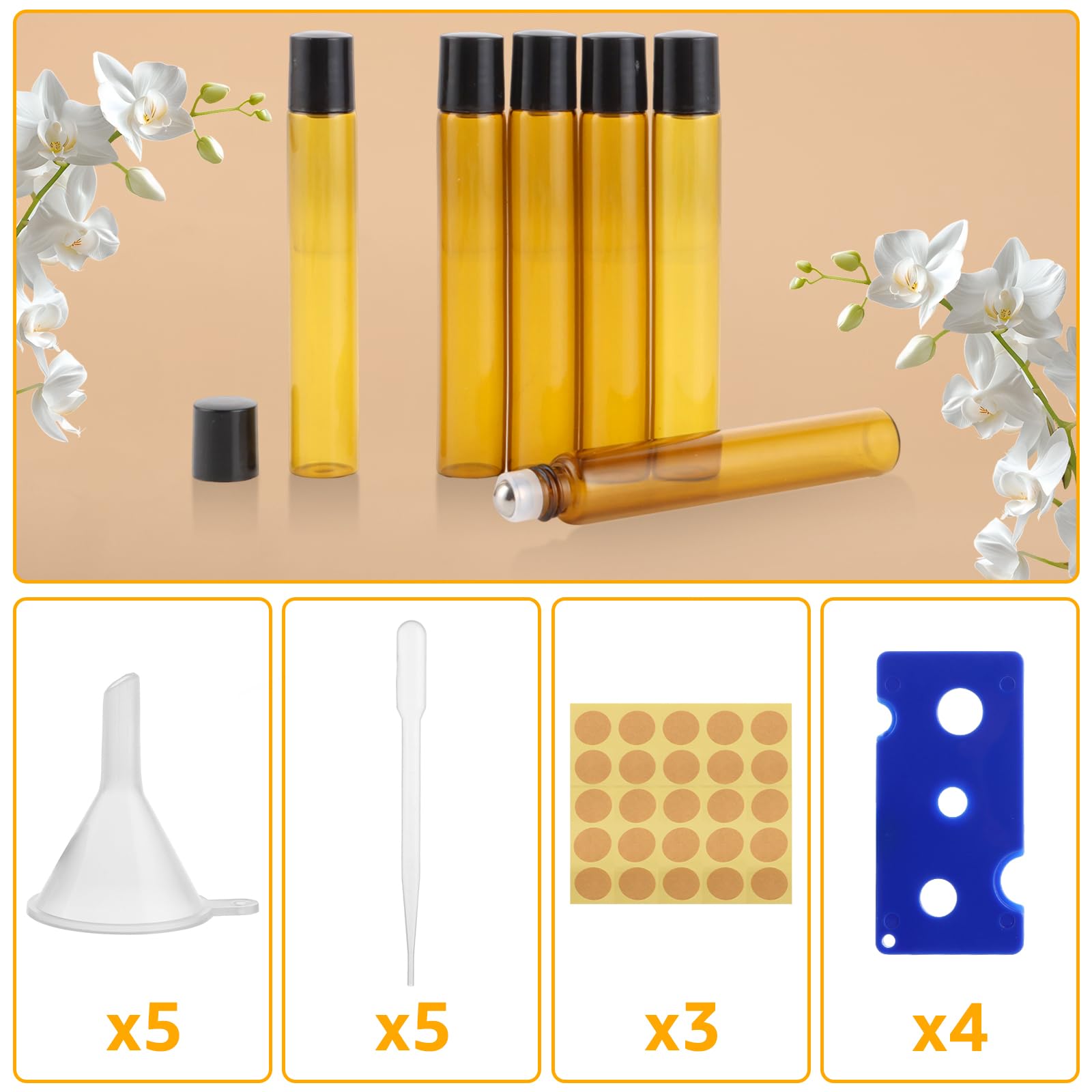 CYEER Lot de 50 Flacons Roll-on 10 ml en Verre Ambré – Bouteilles à Bille en Acier Inoxydable pour Huiles Essentielles & Parfums – Kit Complet avec Entonnoirs, Pipettes & Étiquettes pour DIY & Voyage