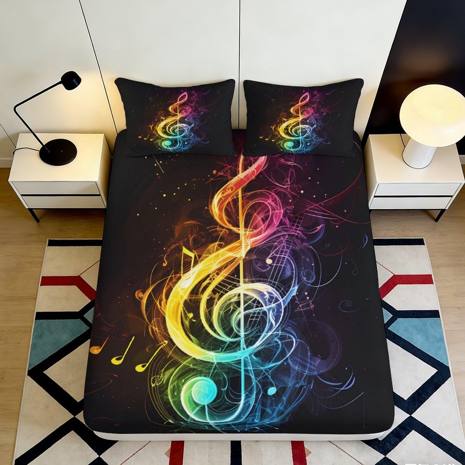 3D Printed Musical Note Fitted Sheet Microfiber Non-Slip Deep Pocket Bedroom Bedding Music Mattress Fitted Cover washable 200x200x25cm 90x200x25cm