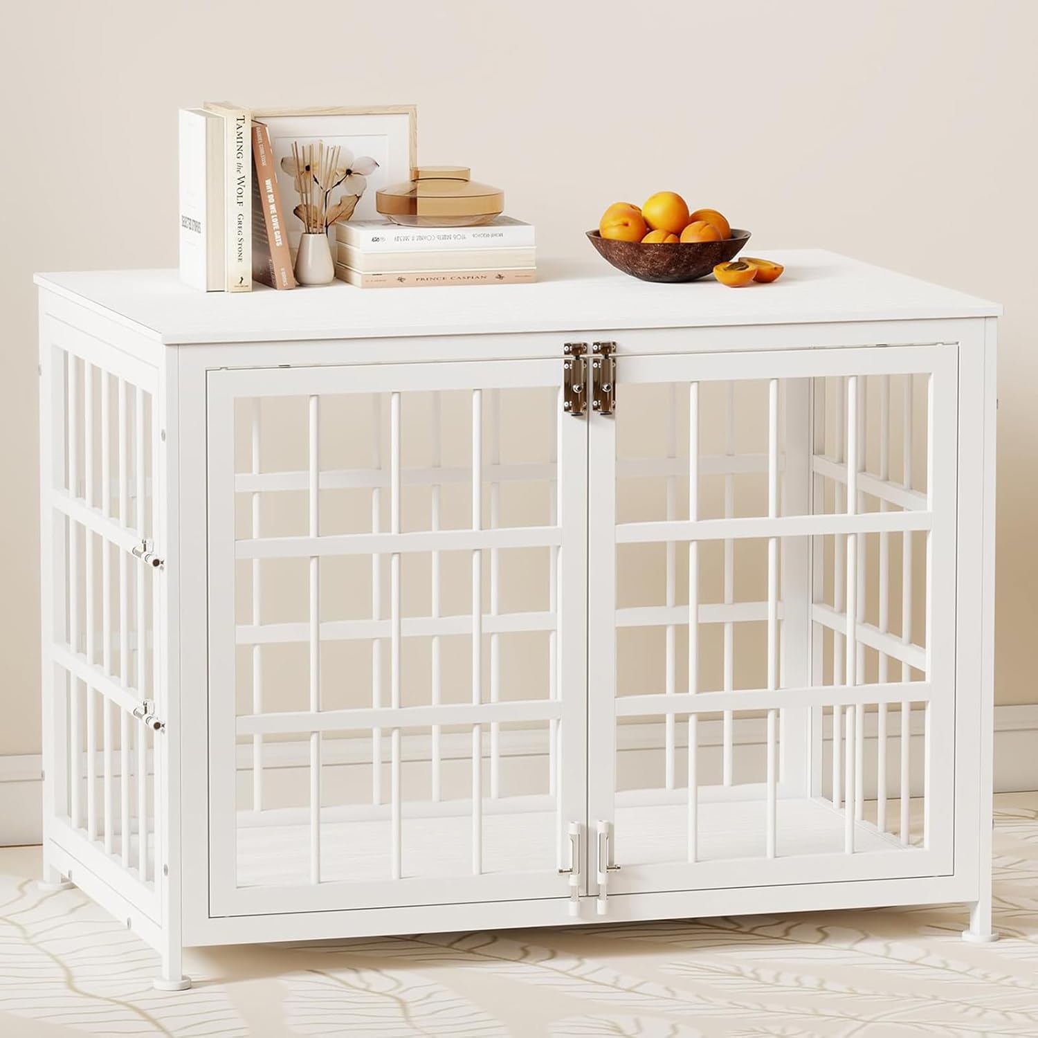 32 Inch Wooden End Table Dog Crate Furniture with Multiple Secure Locks, Heavy Duty Indoor Dog Kennel for Medium Dogs, Decorative Pet Cage for Home Use,White