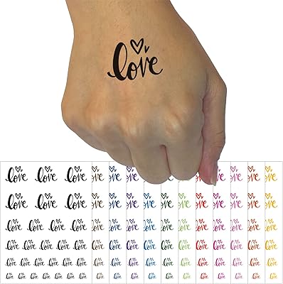 Handwritten Love Script with Hearts Temporary Tattoo Water Resistant Fake Body Art Set Collection - Brown (One Sheet)