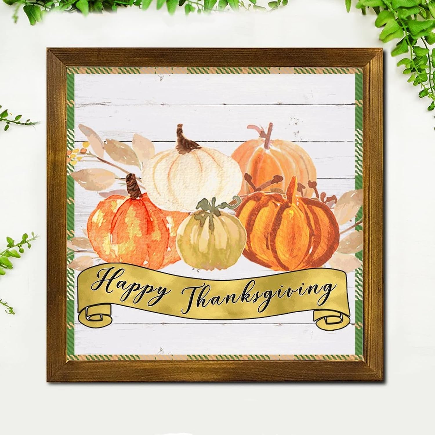 Happy Thanksgiving Wooden Framed Signs Fall Pumpkin Sunflower Wooden Wall Art Signs Classic Autumn Harvest Wooden Wall Art Decoration for Home Office Kitchen Bathroom Bedroom 12x12 inch